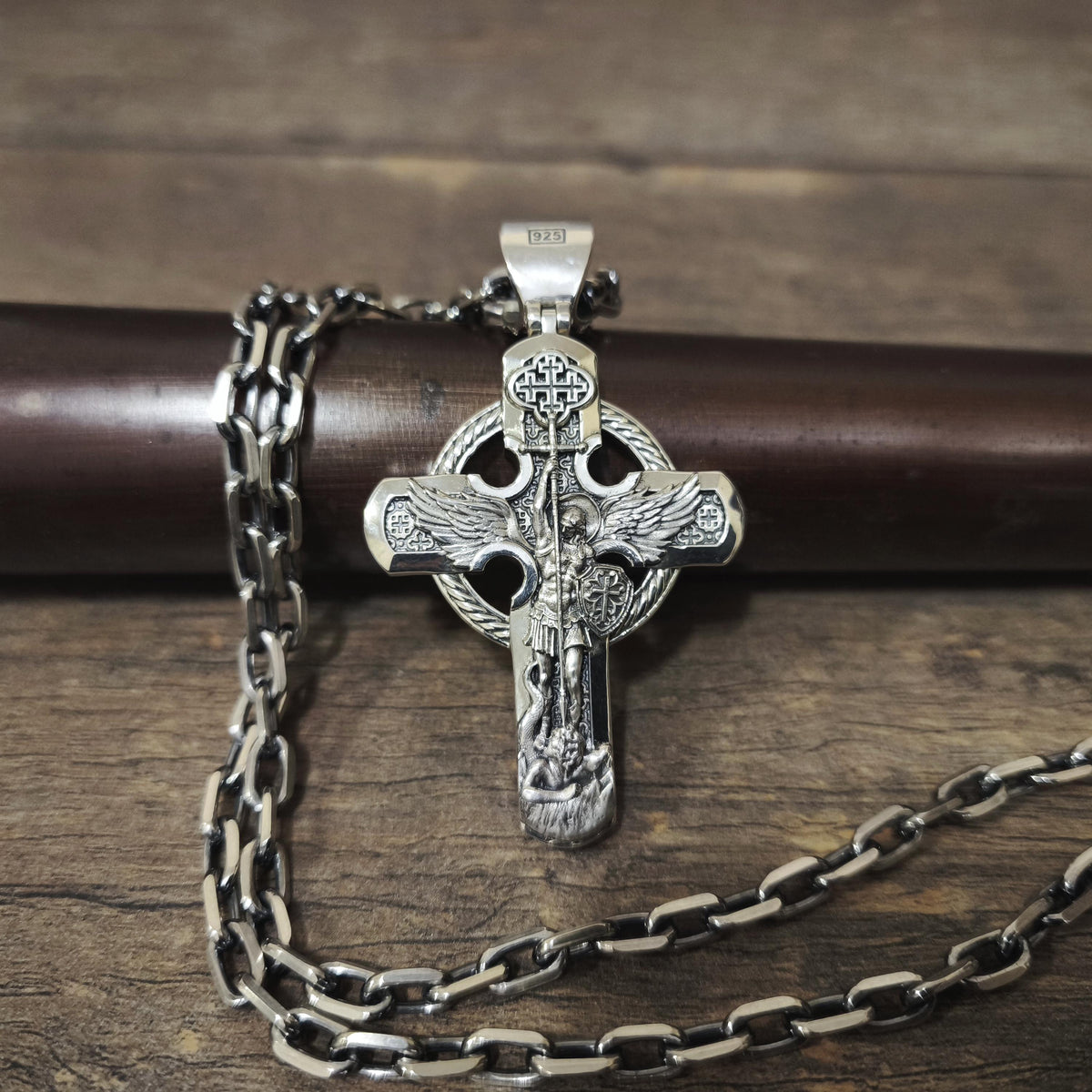 Sterling Silver Orthodox Crucifix Necklace Archangel Saint Michael - Religious Pendant
