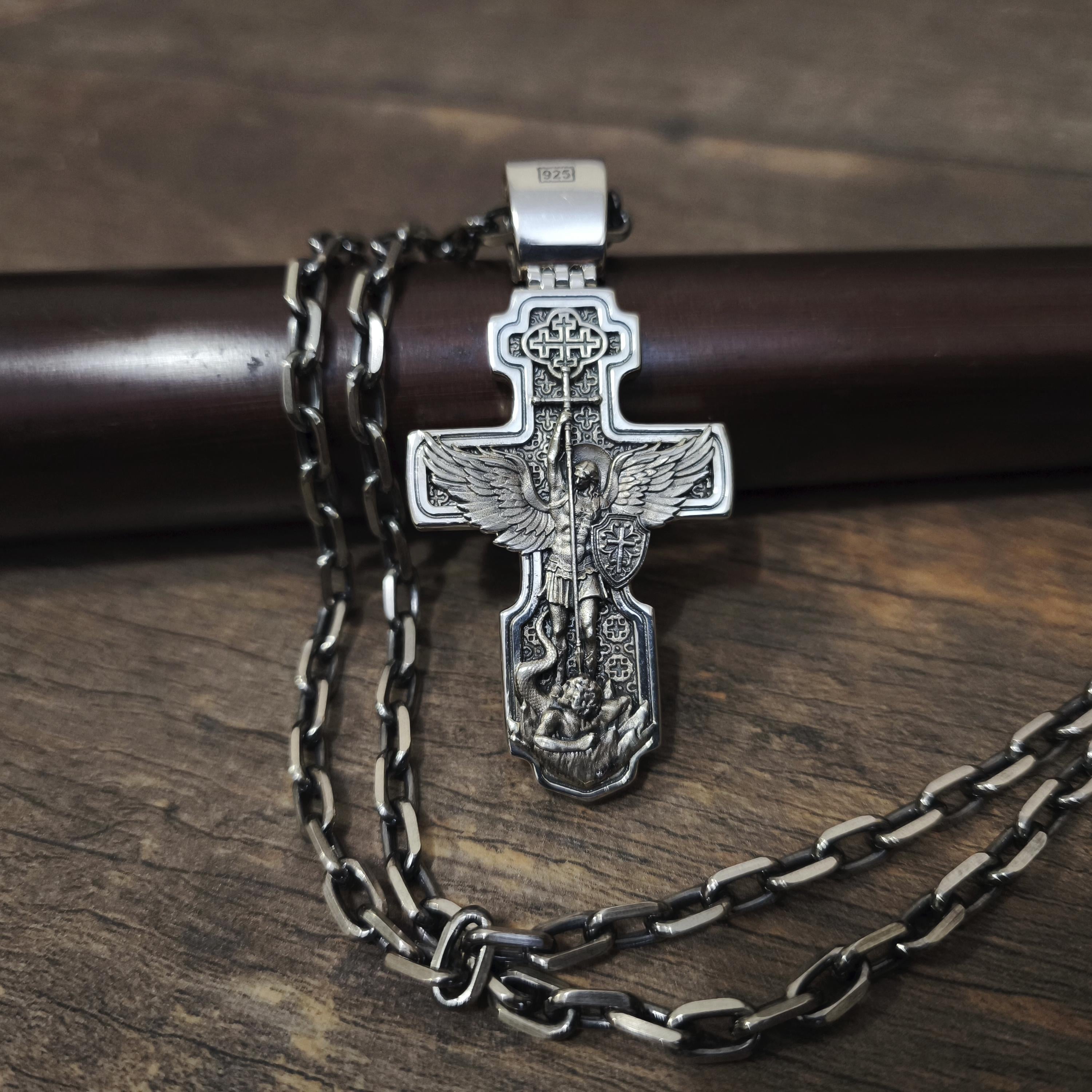 Personalized Jesus Cross Saint Benedict Crucifix Necklace Archangel Saint Michael: Sterling Silver