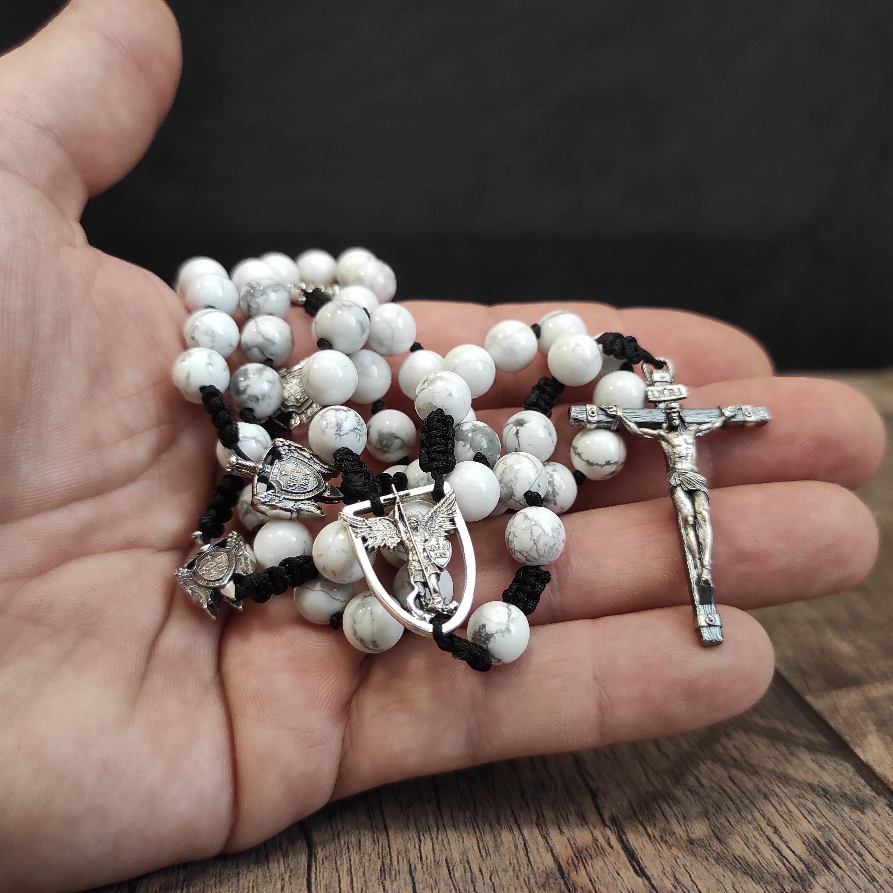 Sterling Silver St. Michael Rosary: White Howlite Beads, Catholic Gift