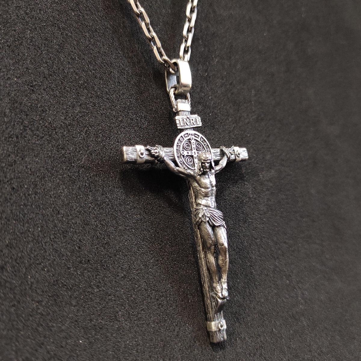 Personalized Saint Benedict Silver Crucifix Necklace: Handmade Exorcism Cross Pendant