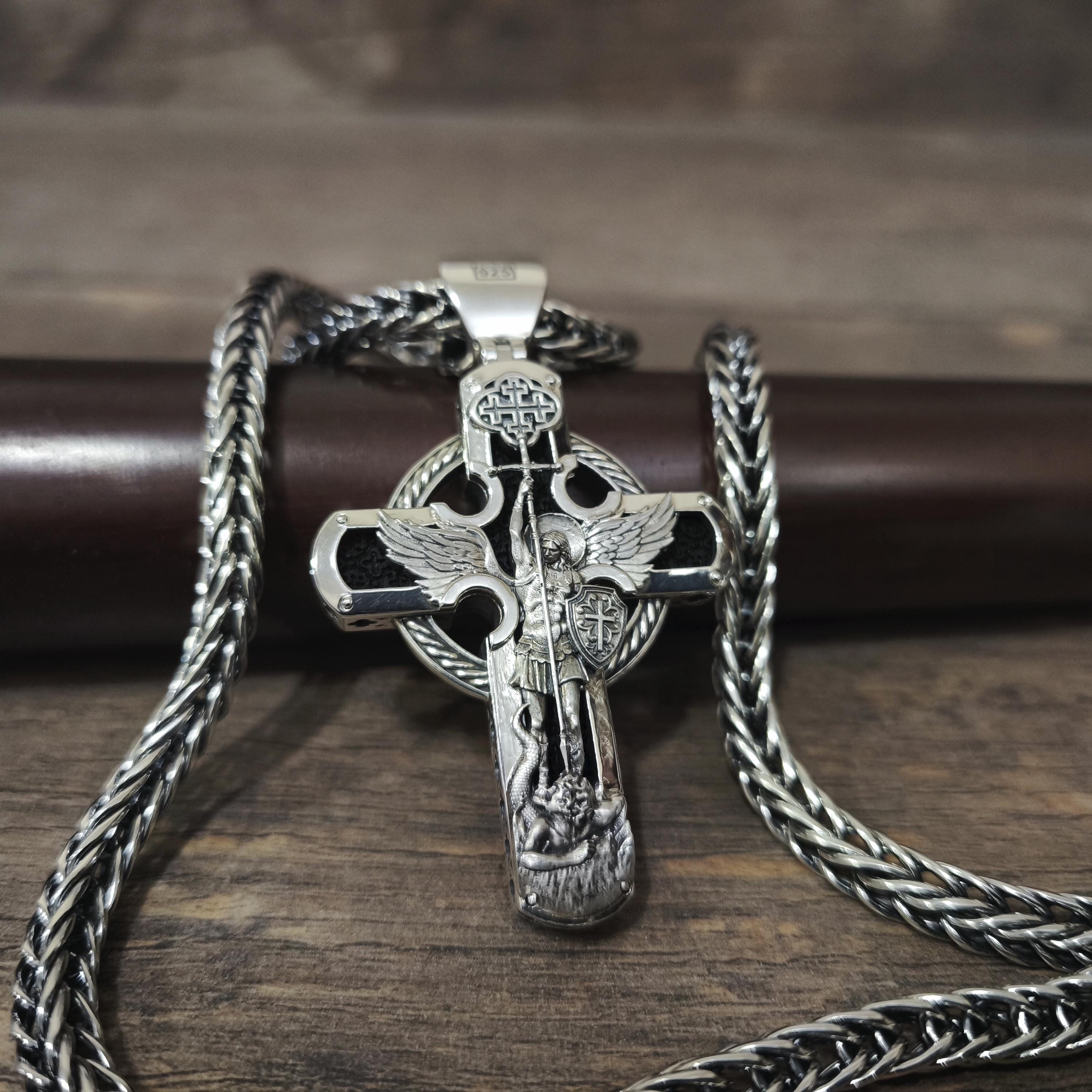 Personalized Saint Benedict Crucifix Necklace Archangel Saint Michael : Sterling Silver & Ebony Wood