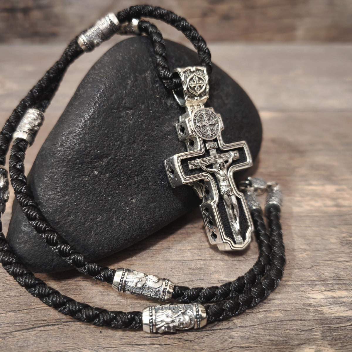 Personalized Jesus Cross Saint Benedict Crucifix Necklace Archangel Saint Michael : Sterling Silver & Ebony Wood