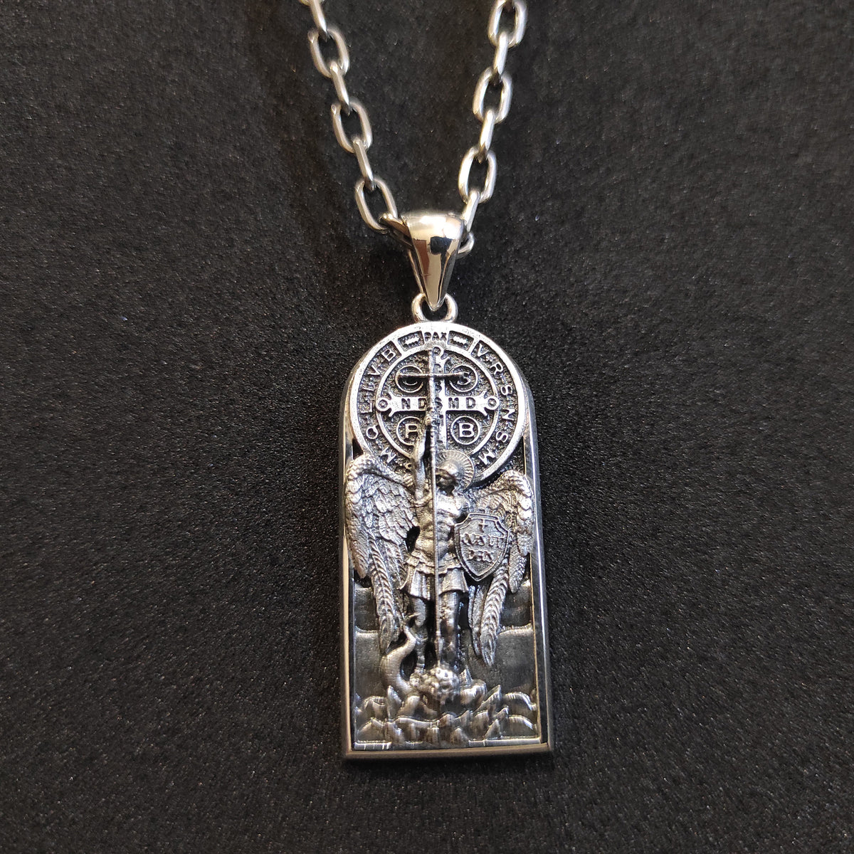 Sterling Silver Archangel Saint Michael Necklace: Handmade St. Benedict Exorcism Cross