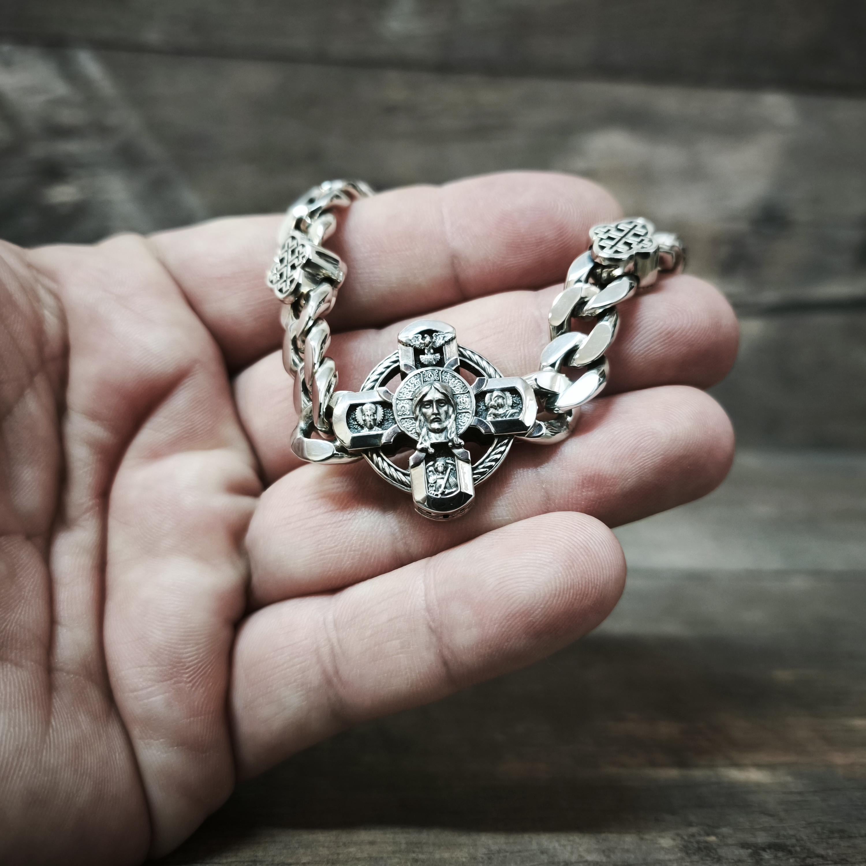 Silver Orthodox Christian Bracelet with Jesus, Archangel Michael, Nicholas the Wonderworker, the Virgin Mary