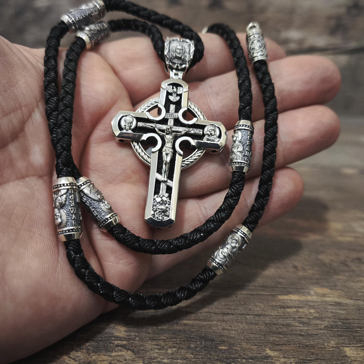 Sterling Silver Orthodox Crucifix Necklace: Jesus Cross Pendant, Ebony Wood