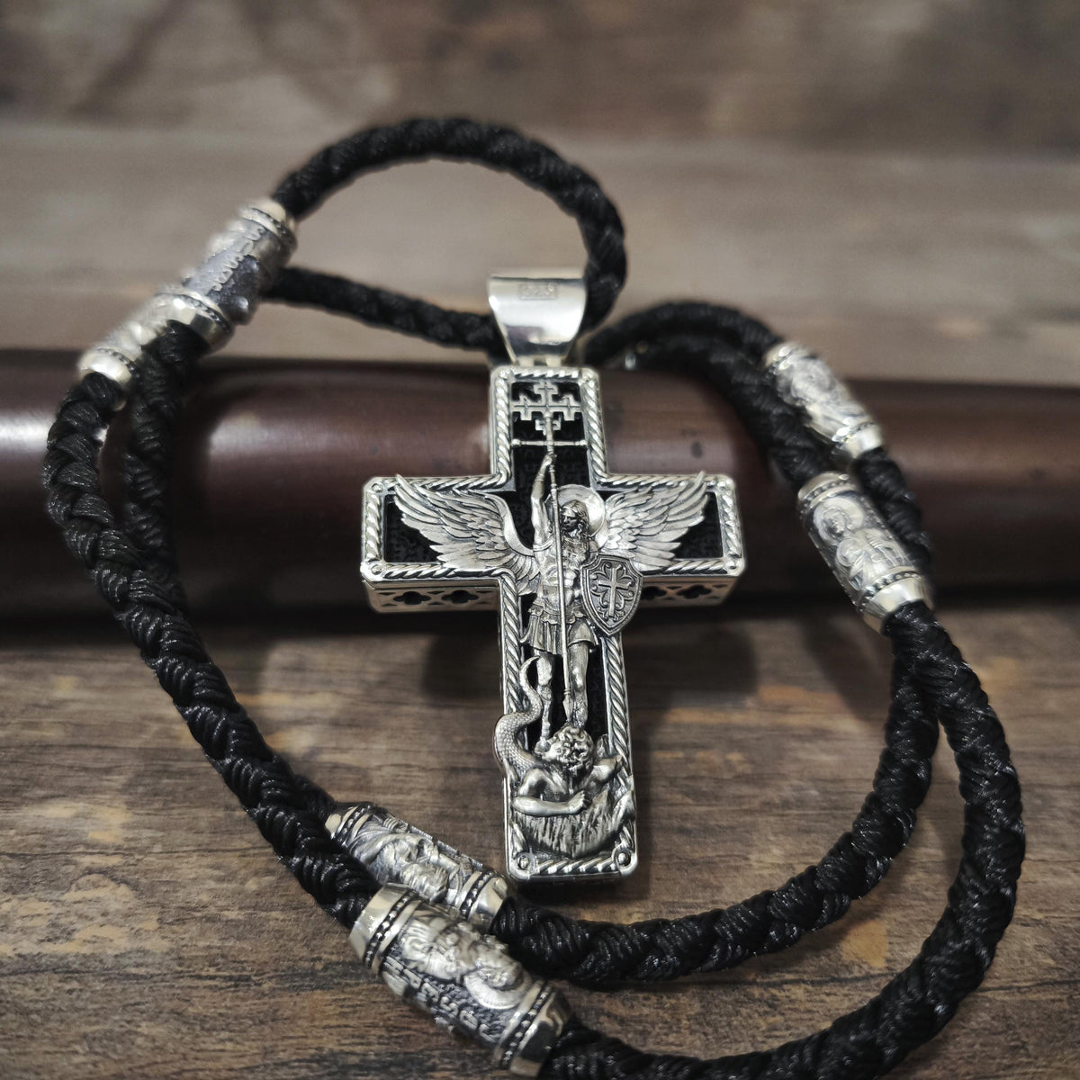 Personalized Jesus Cross Saint Benedict Crucifix Necklace Archangel Saint Michael : Sterling Silver & Ebony Wood