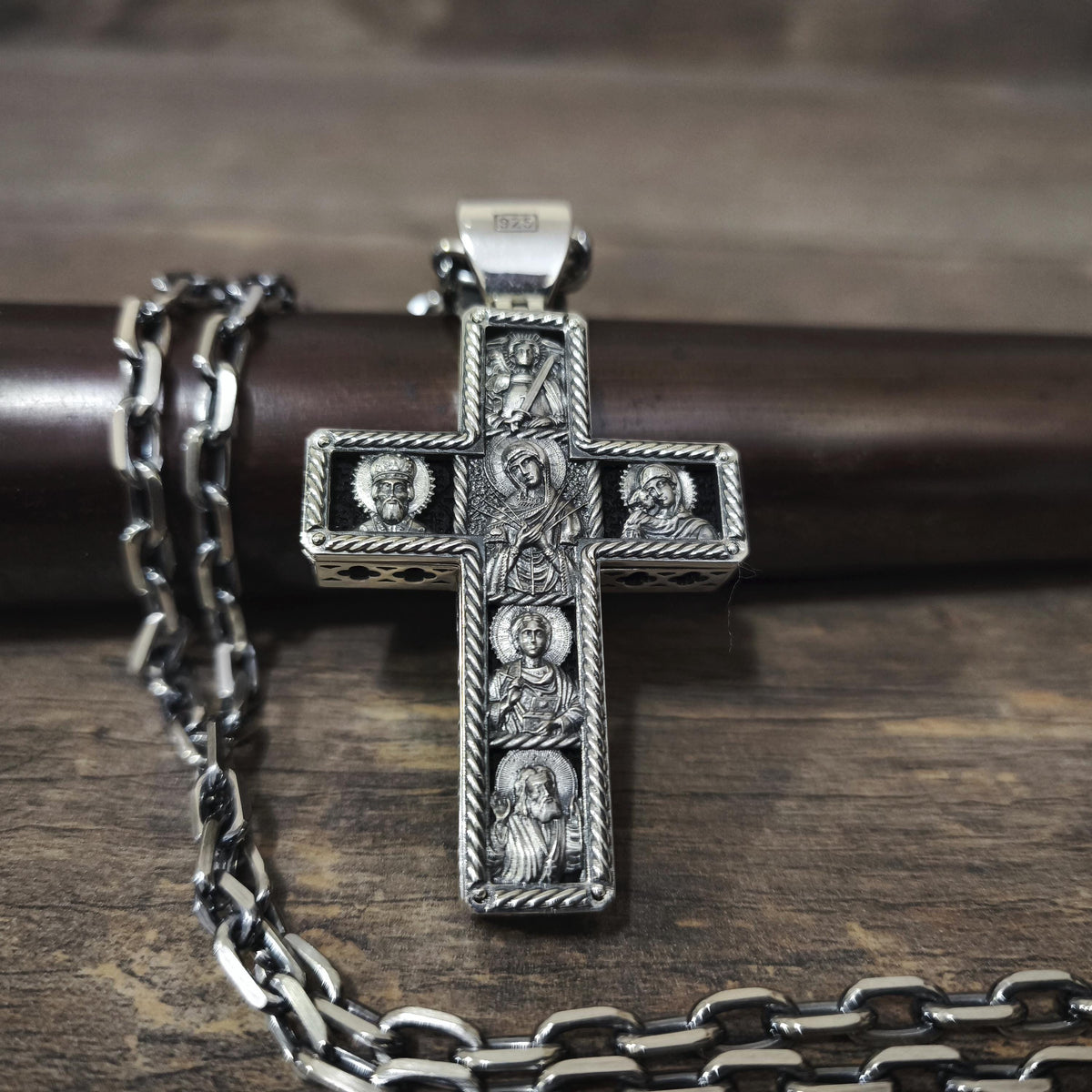 Sterling Silver Orthodox Crucifix Necklace Archangel Saint Michael & Ebony Wood - Religious Pendant