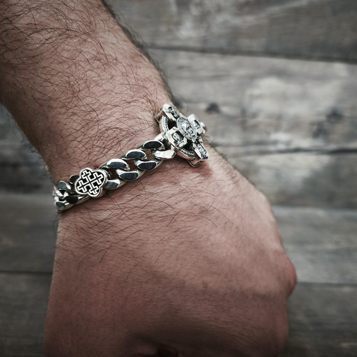 Silver Orthodox Christian Bracelet with Jesus, Archangel Michael, Nicholas the Wonderworker, the Virgin Mary