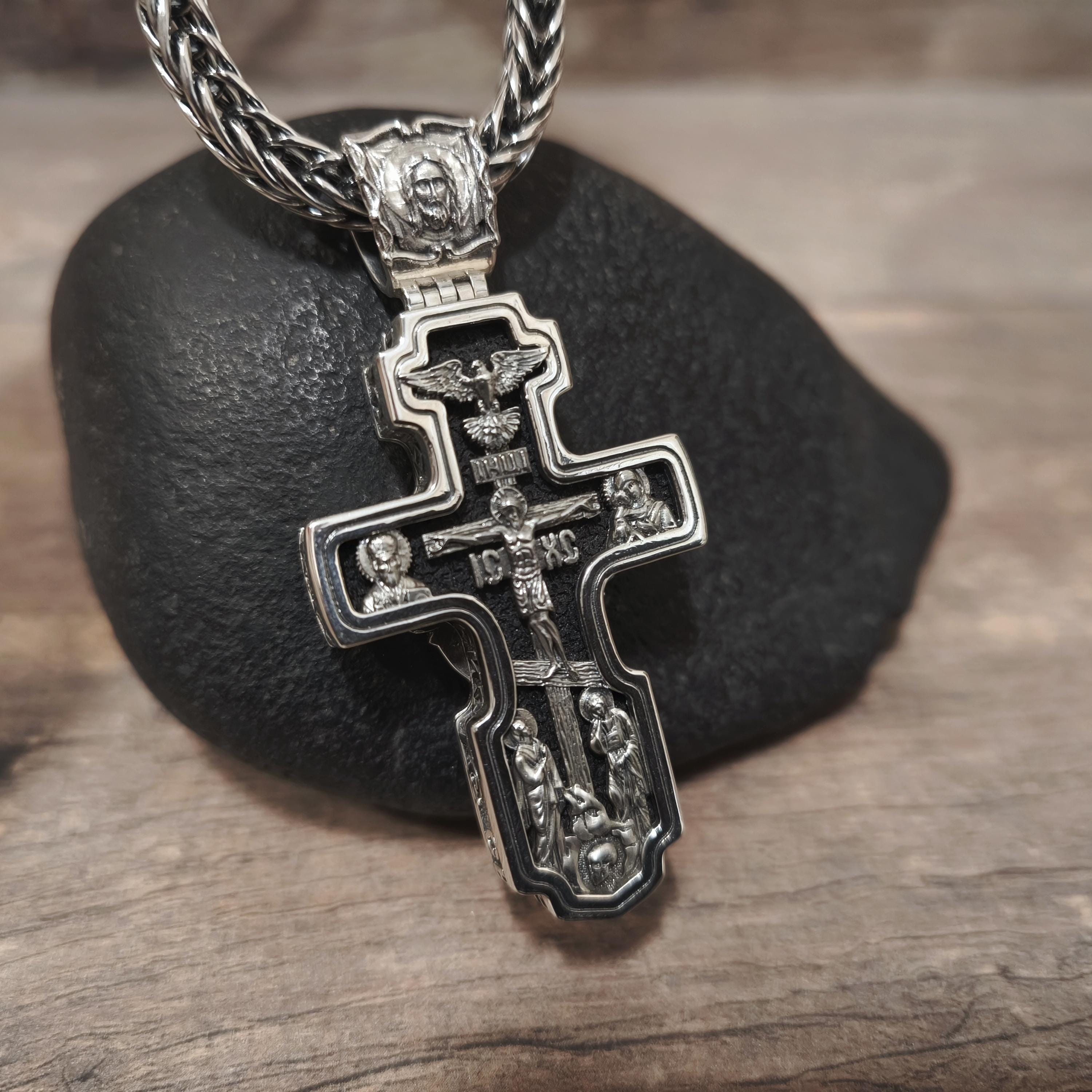 Sterling Silver Orthodox Cross Necklace - Archangel Michael, Ebony Wood