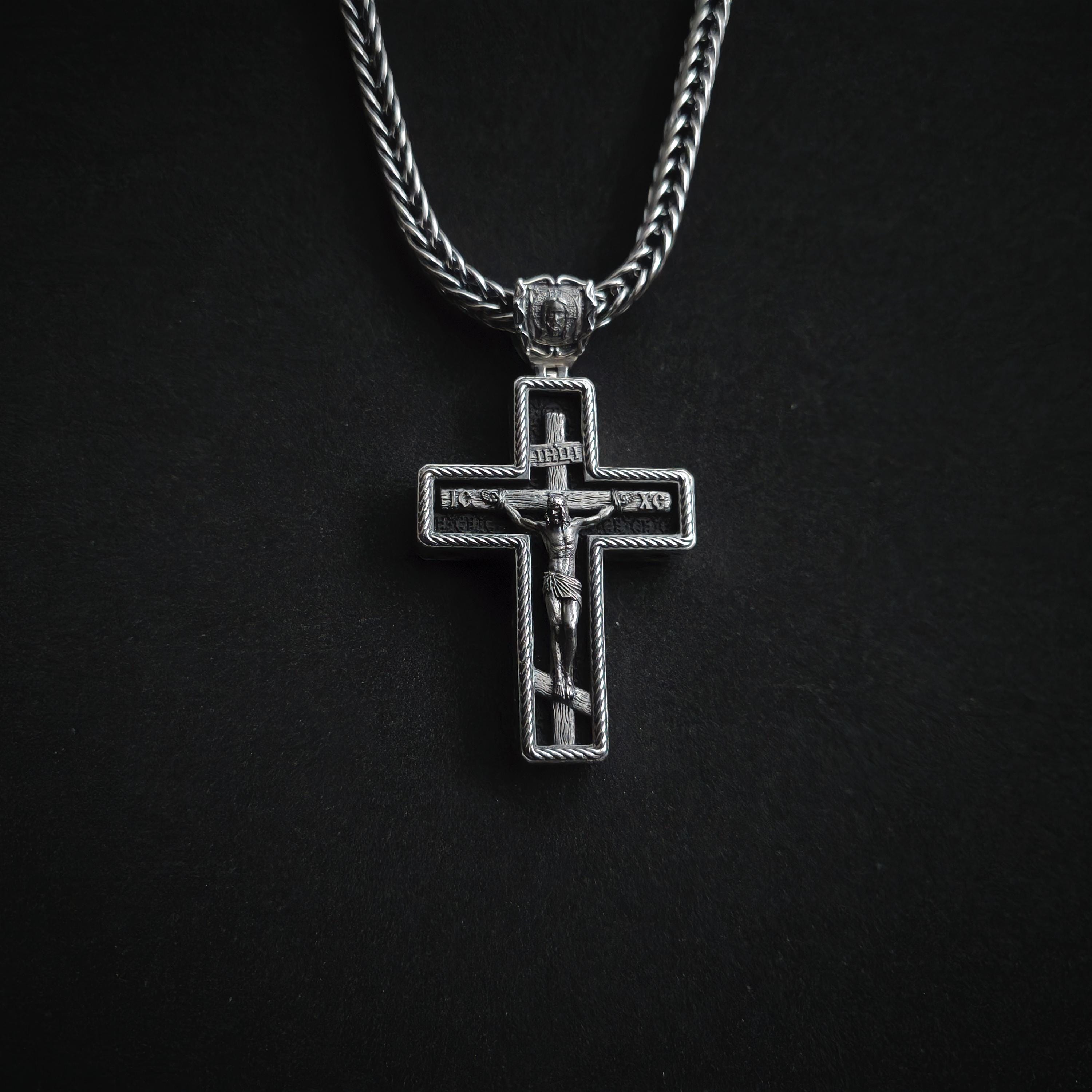 Sterling Silver Orthodox Cross Necklace - Archangel Michael, Ebony Wood