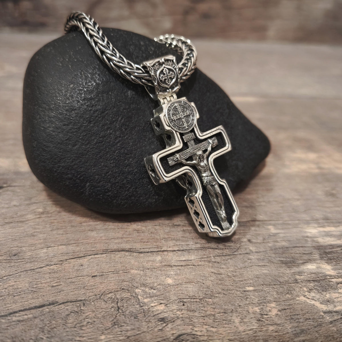 Personalized Saint Benedict Crucifix Necklace Archangel Saint Michael : Sterling Silver & Ebony Wood