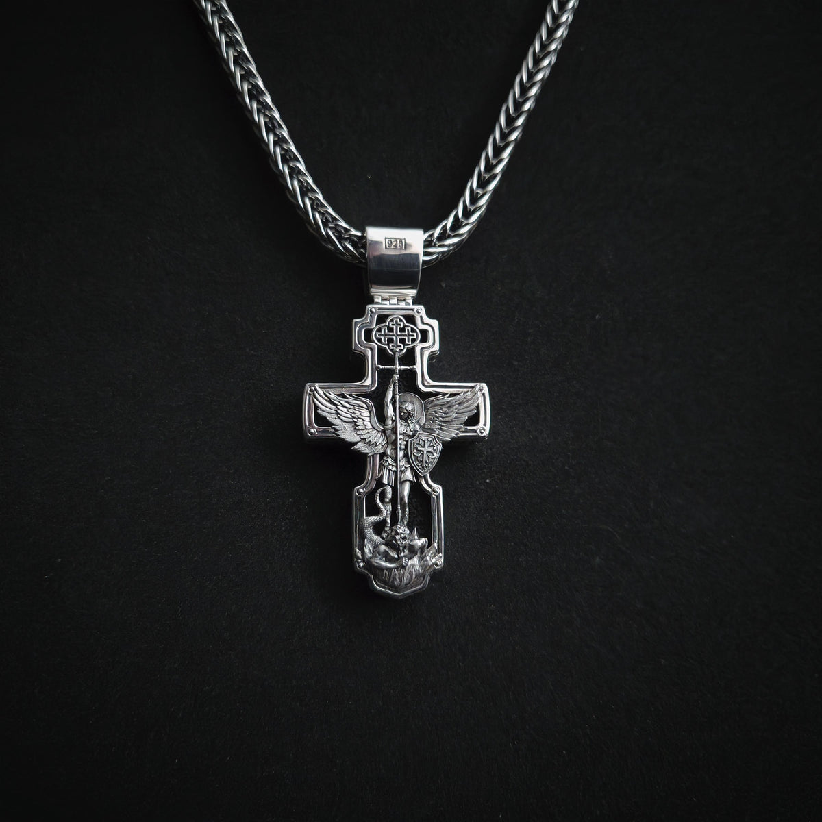 Sterling Silver Orthodox Cross Necklace - Archangel Michael, Ebony Wood
