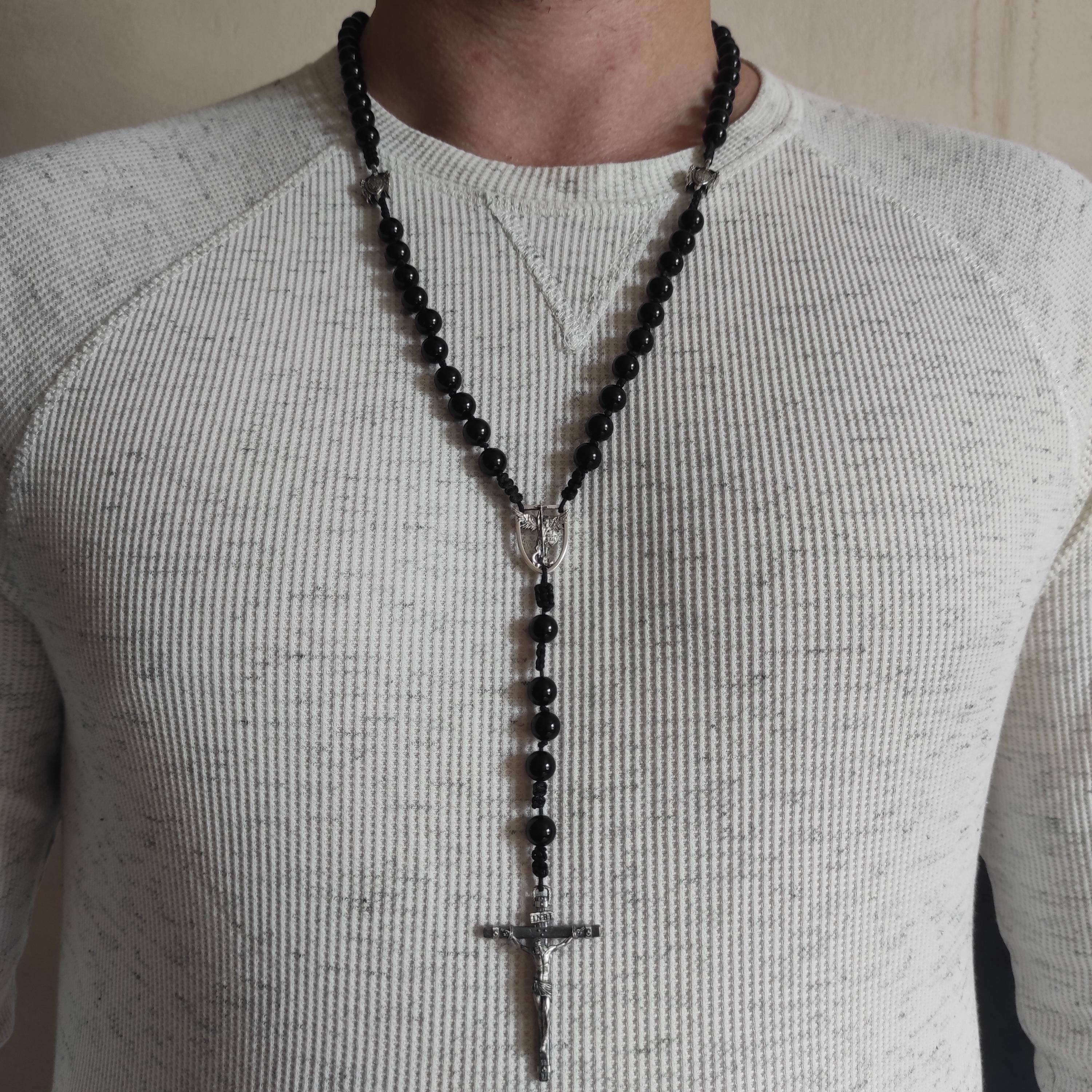 Handmade Sterling Silver St. Michael Rosary with Black Agate Beads
