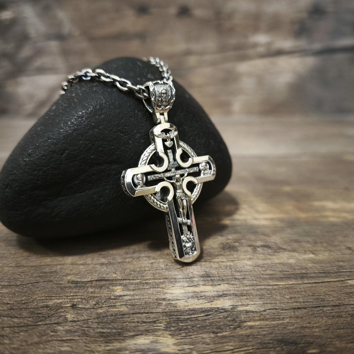 Sterling Silver Orthodox Cross Necklace - Archangel Michael, Ebony Wood