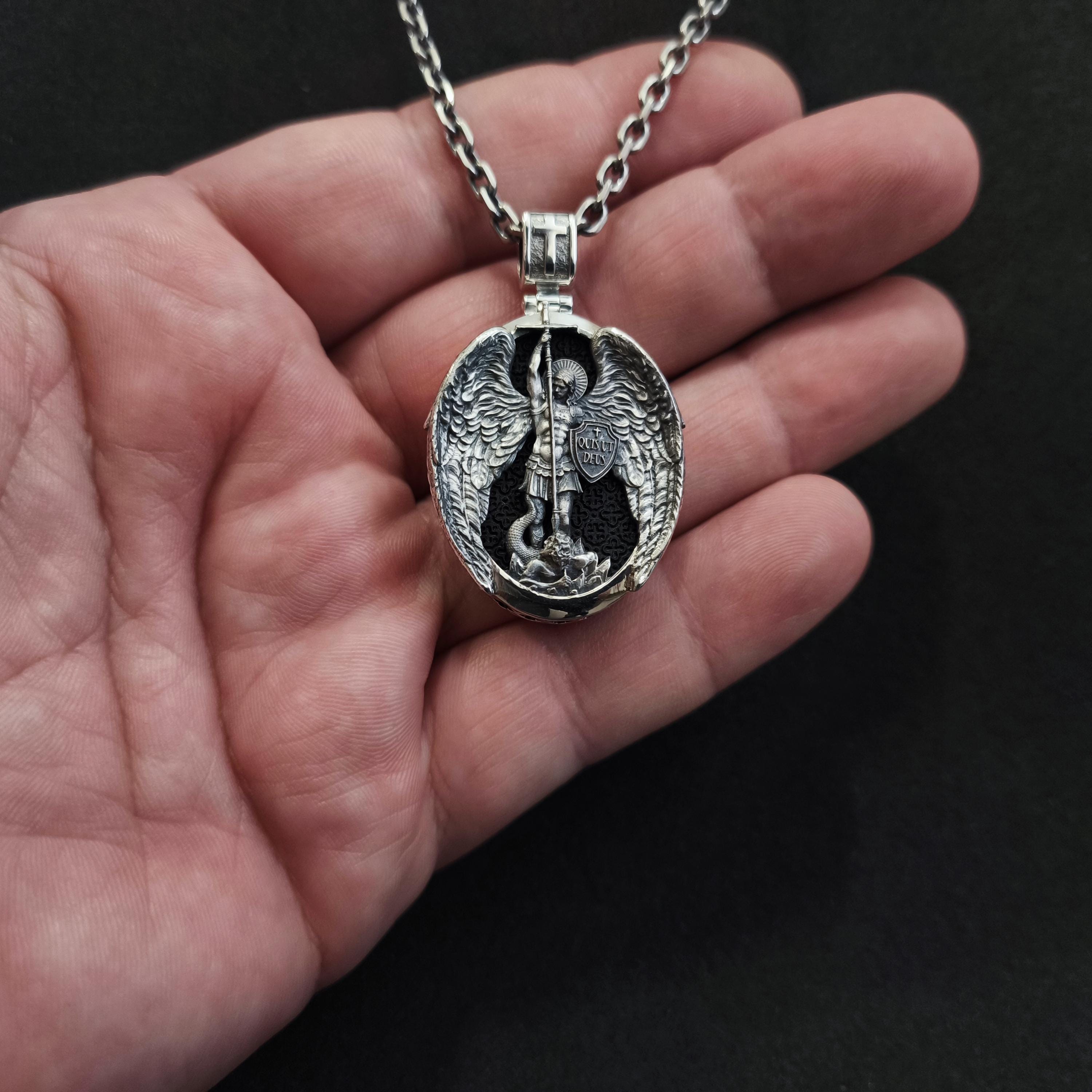Sterling Silver Archangel Michael Pendant - Ebony Wood Religious Necklace