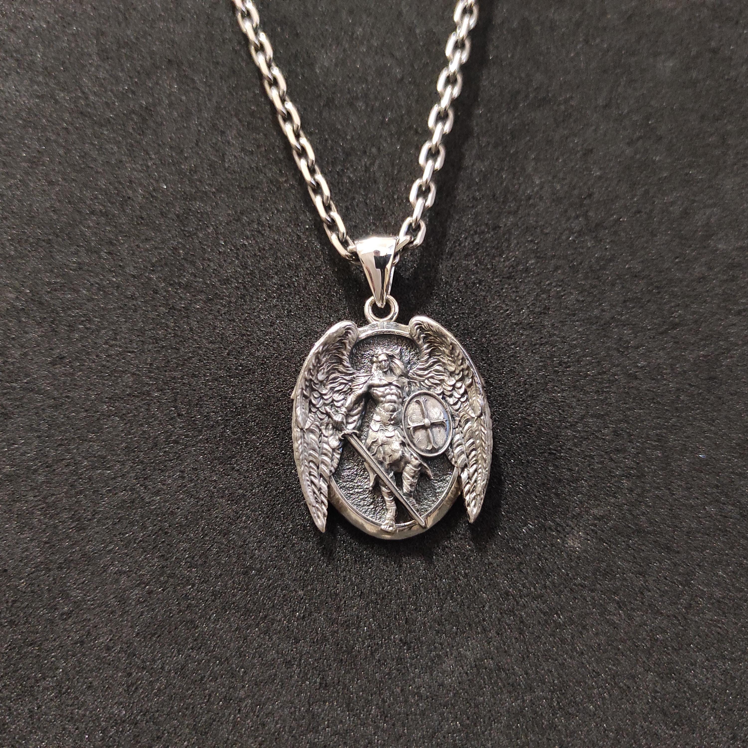Sterling Silver Archangel Michael Pendant Necklace: Handmade Religious Gift