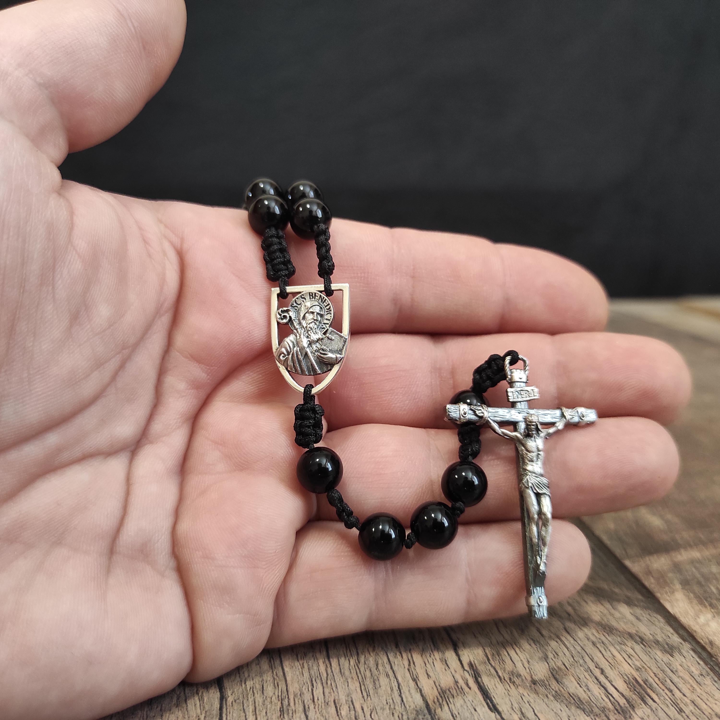 Handmade Sterling Silver Saint Benedict Rosary: Black Agate Beads