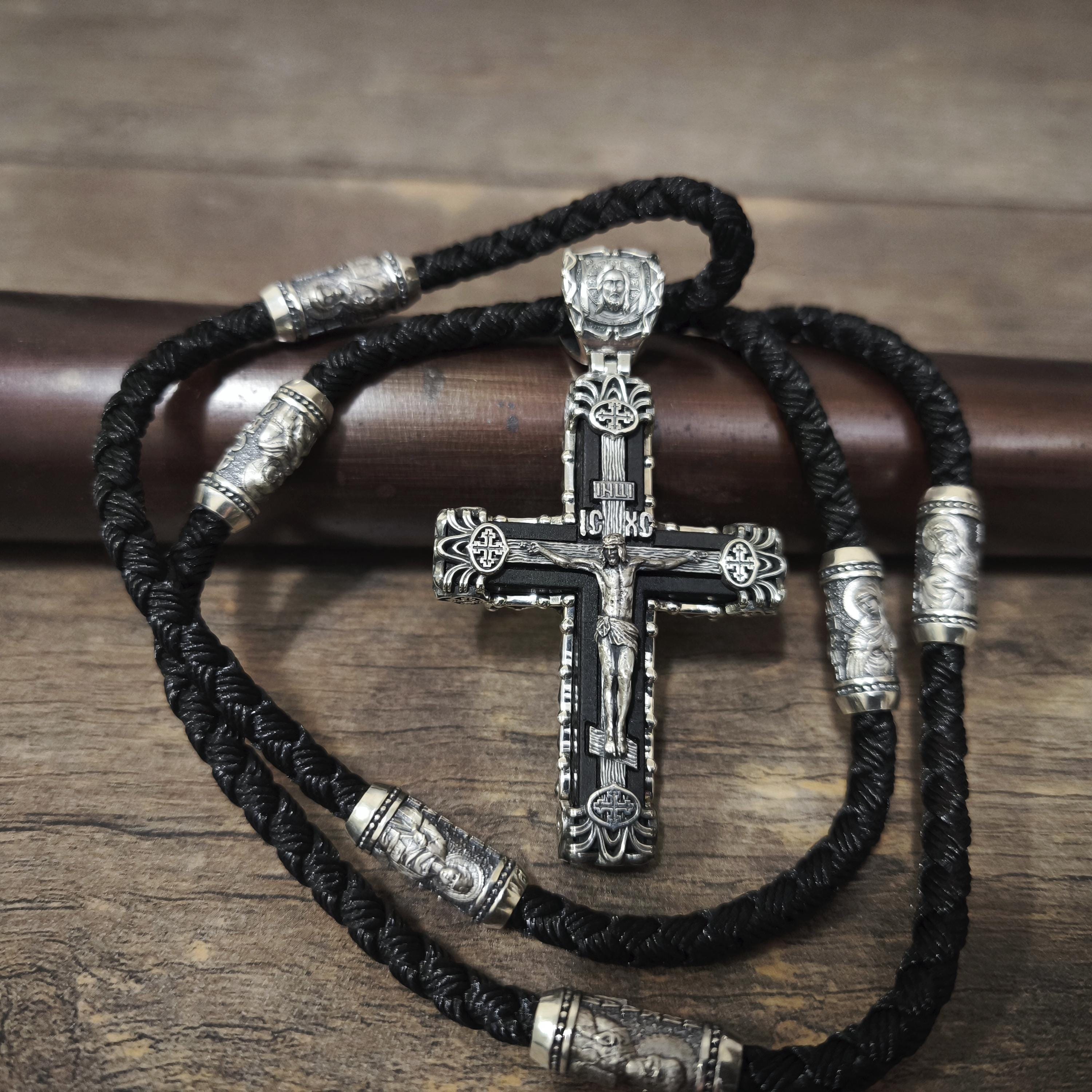 Sterling Silver Orthodox Crucifix Necklace & Ebony Wood - Religious Pendant