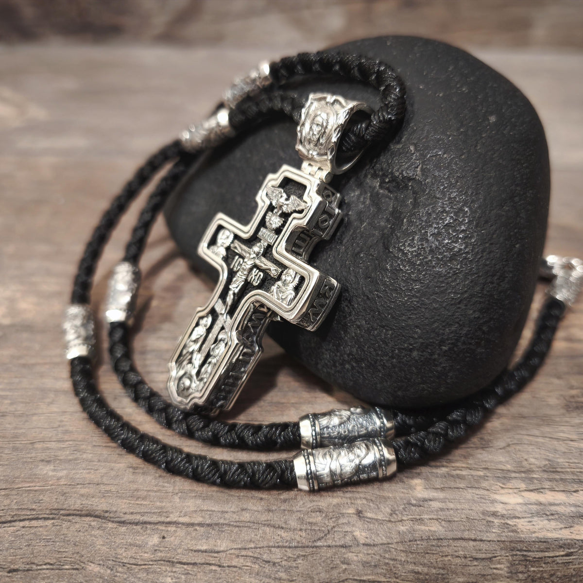 Sterling Silver Orthodox Crucifix Necklace: Jesus Cross Pendant, Ebony Wood