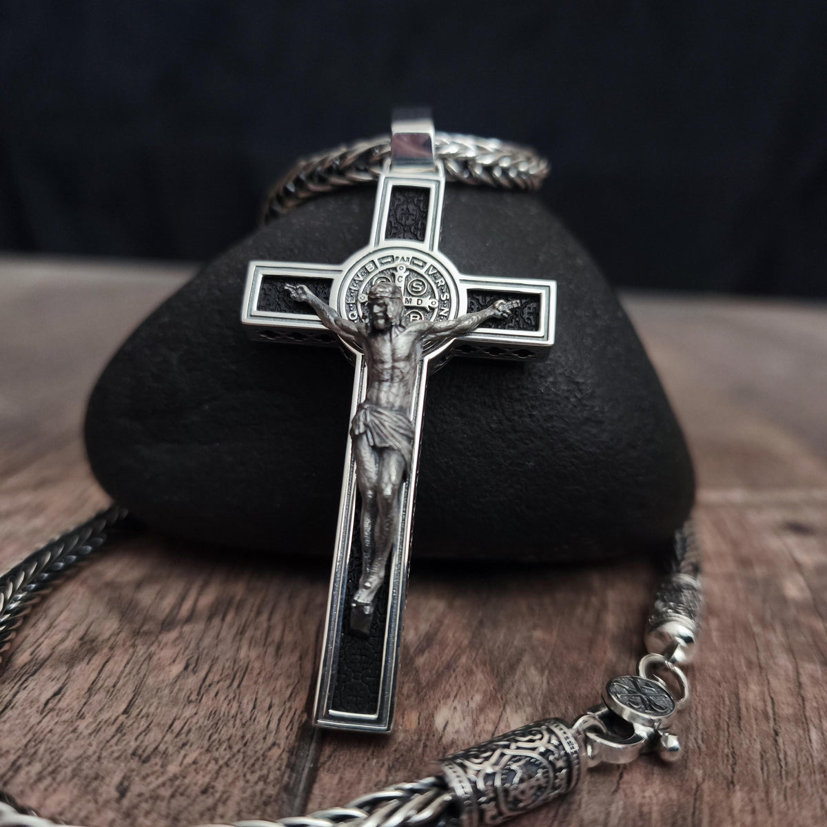 Personalized Saint Benedict Crucifix Necklace: Sterling Silver & Ebony Wood
