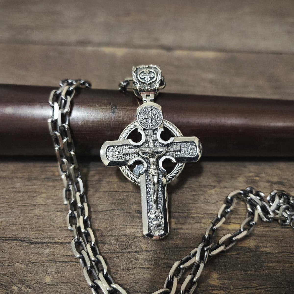 Personalized Jesus Cross Saint Benedict Crucifix Necklace Archangel Saint Michael: Sterling Silver
