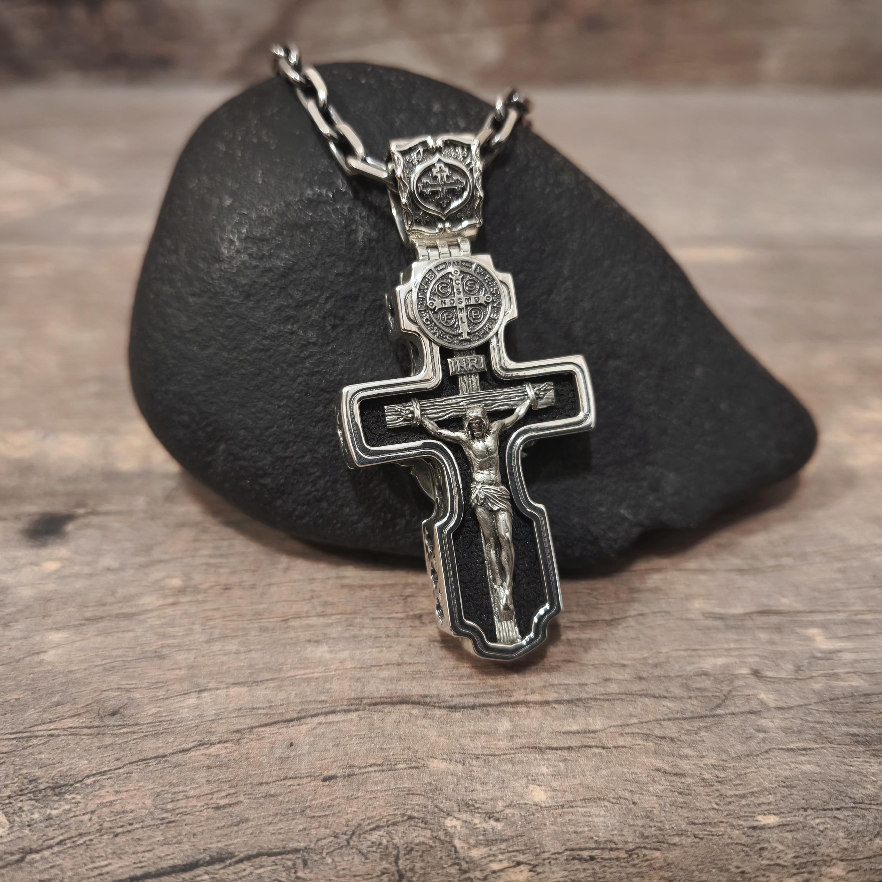 Personalized Saint Benedict Crucifix Necklace Archangel Saint Michael : Sterling Silver & Ebony Wood