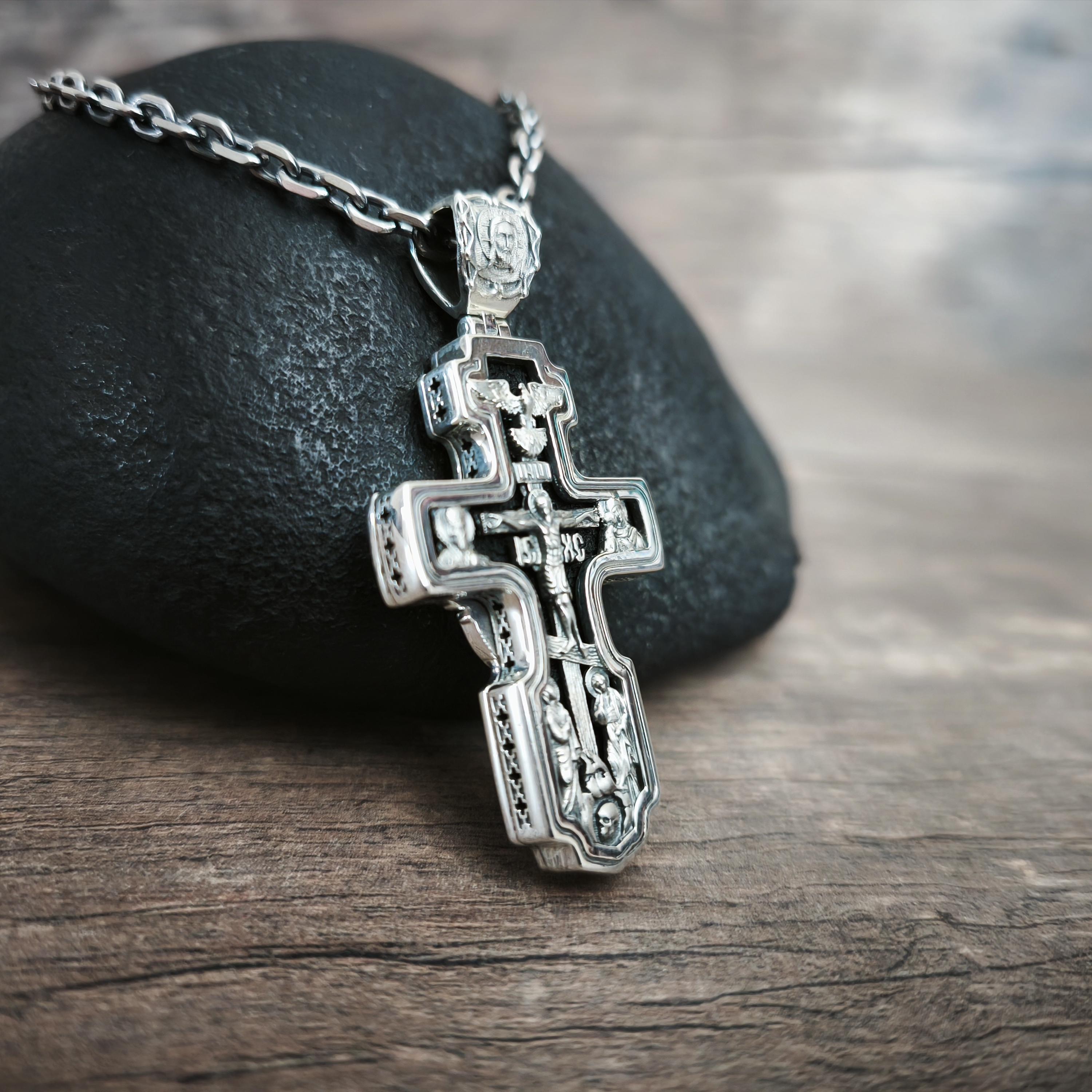 Sterling Silver Orthodox Crucifix Necklace Archangel Saint Michael & Ebony Wood - Religious Pendant