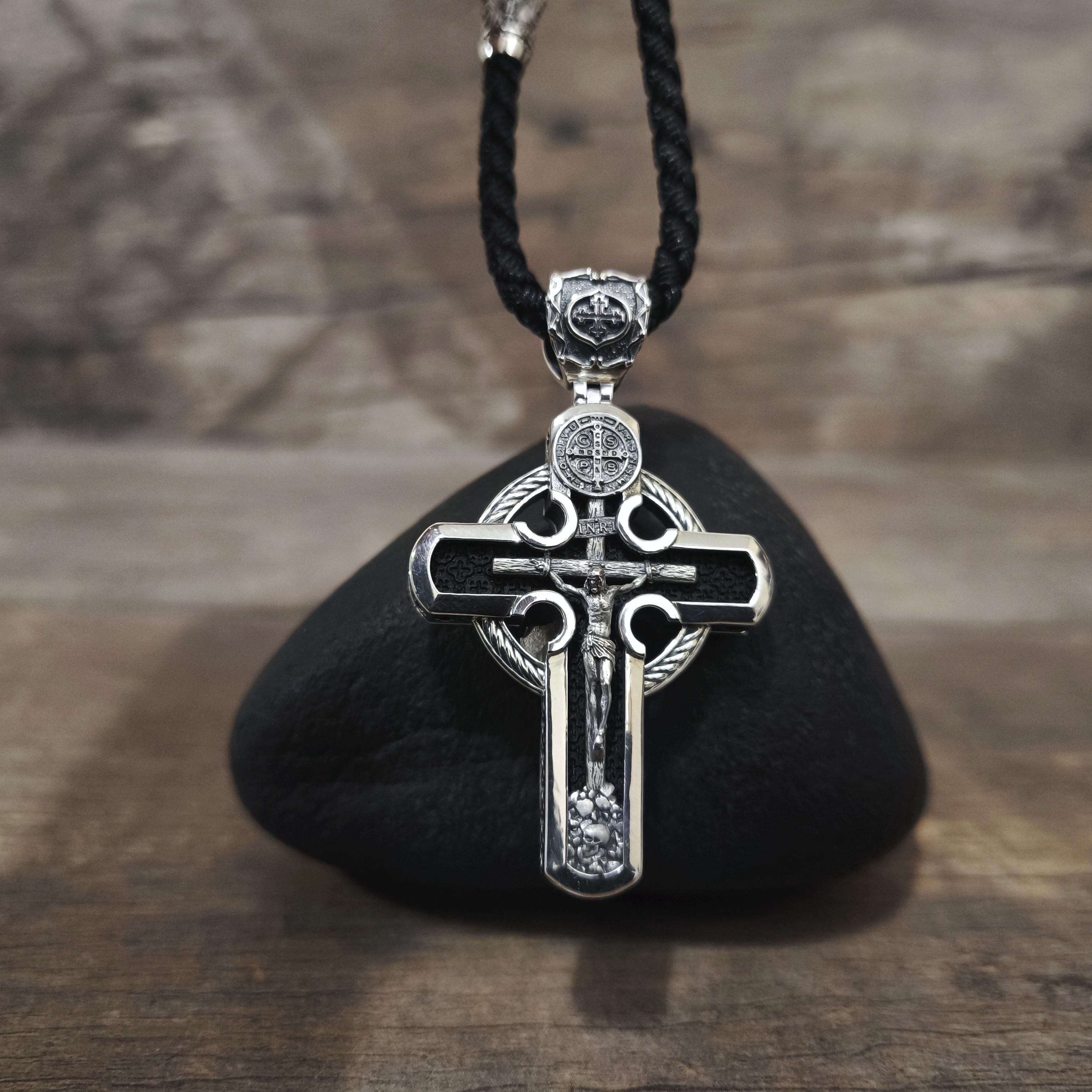Personalized Jesus Cross Saint Benedict Crucifix Necklace Archangel Saint Michael : Sterling Silver & Ebony Wood