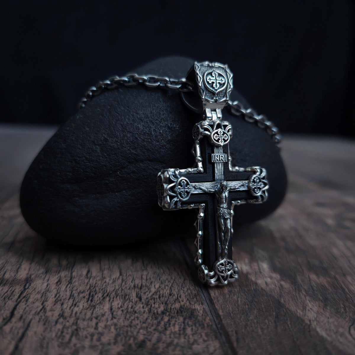Sterling Silver Crucifix Archangel Michael Necklace & Ebony Wood - Religious Pendant