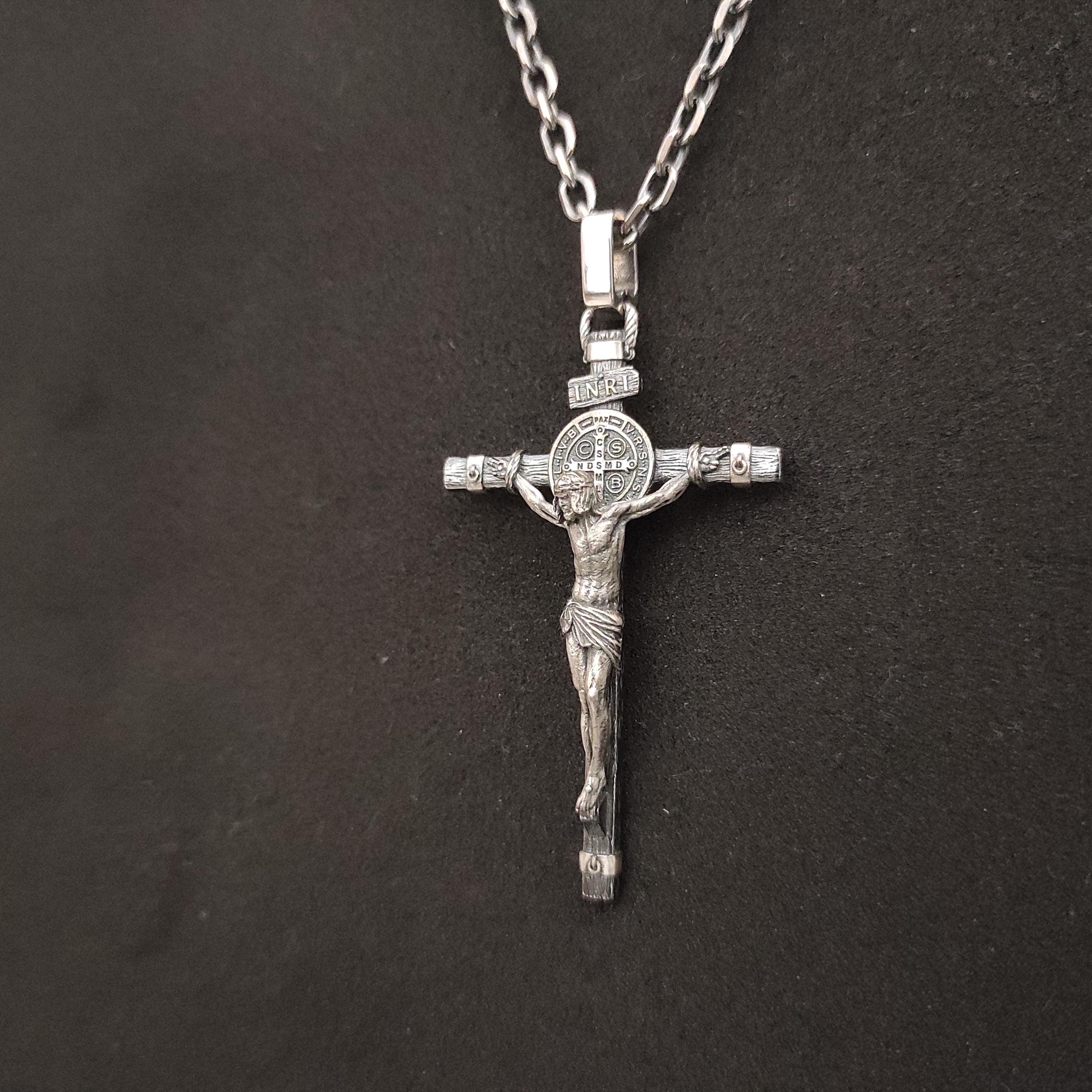 Personalized Saint Benedict Crucifix Necklace: Sterling Silver Exorcism Cross Pendant