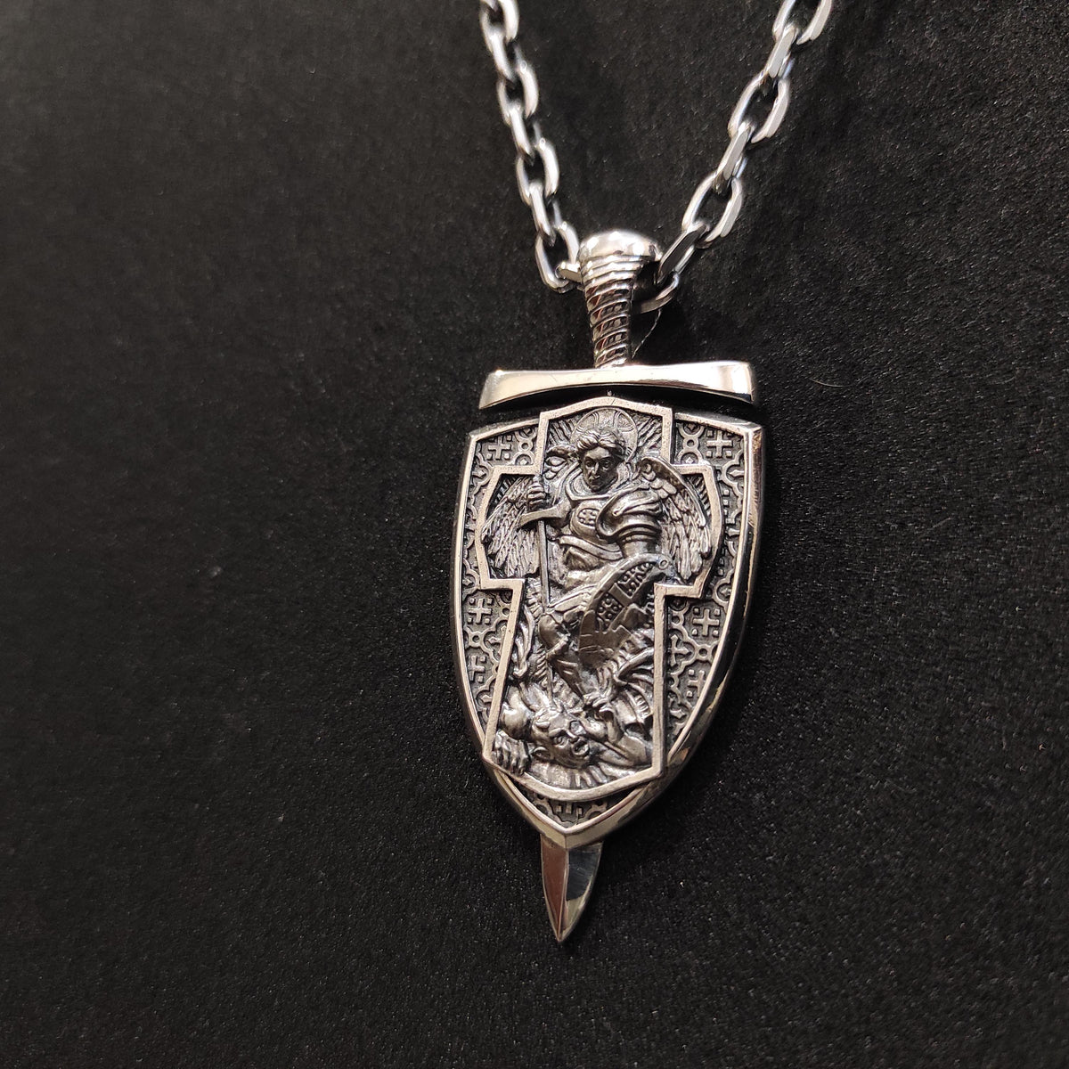 Sterling Silver Archangel Michael Shield Pendant Necklace: Religious Gift