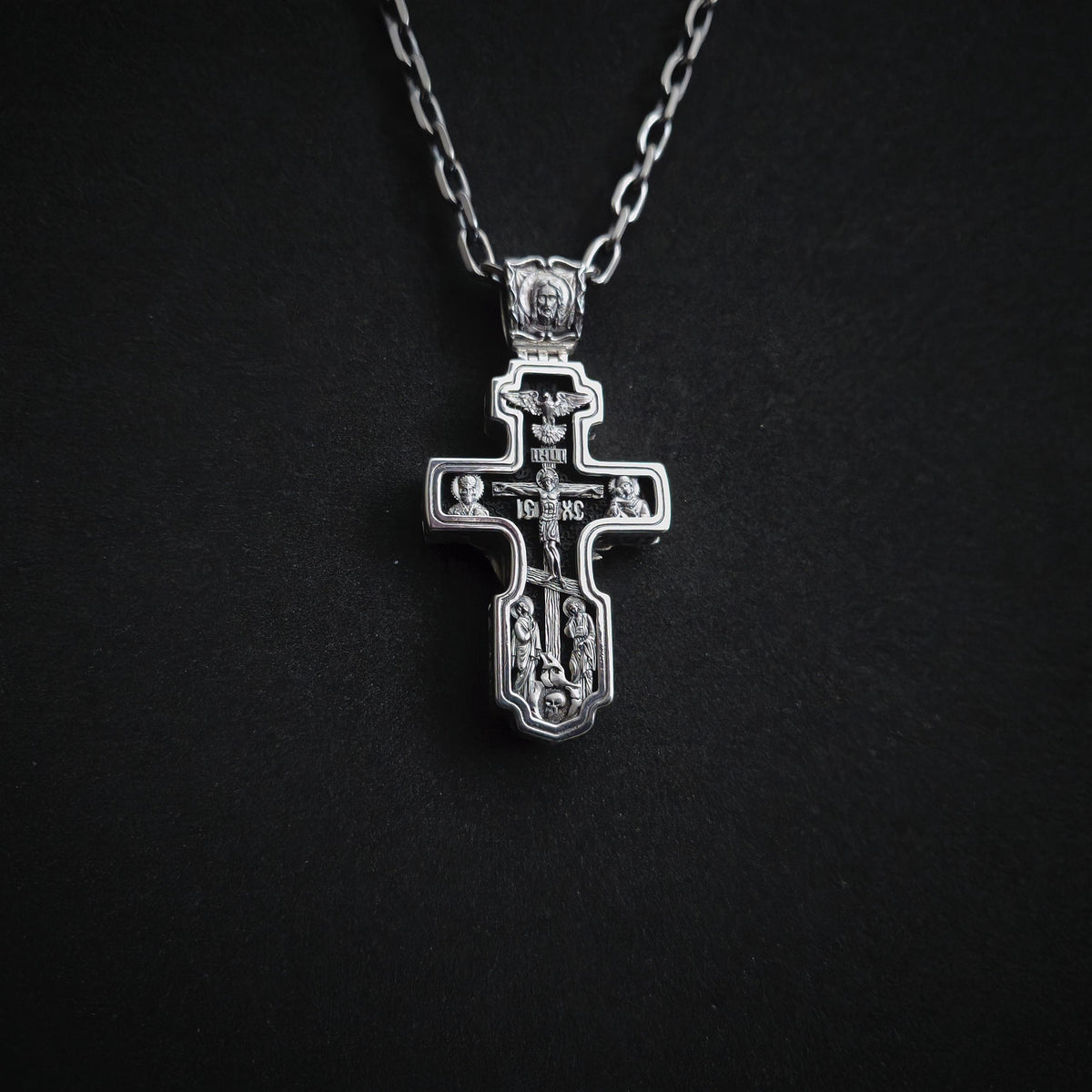 Sterling Silver Orthodox Crucifix Necklace Archangel Saint Michael & Ebony Wood - Religious Pendant