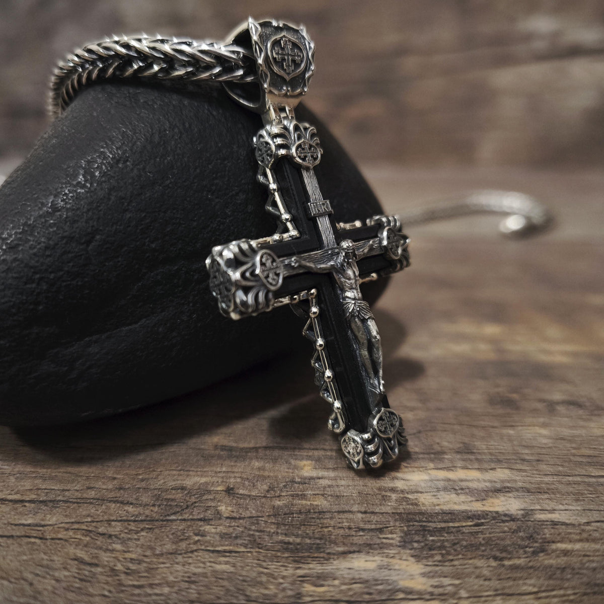 Sterling Silver Crucifix Archangel Michael Necklace & Ebony Wood - Religious Pendant