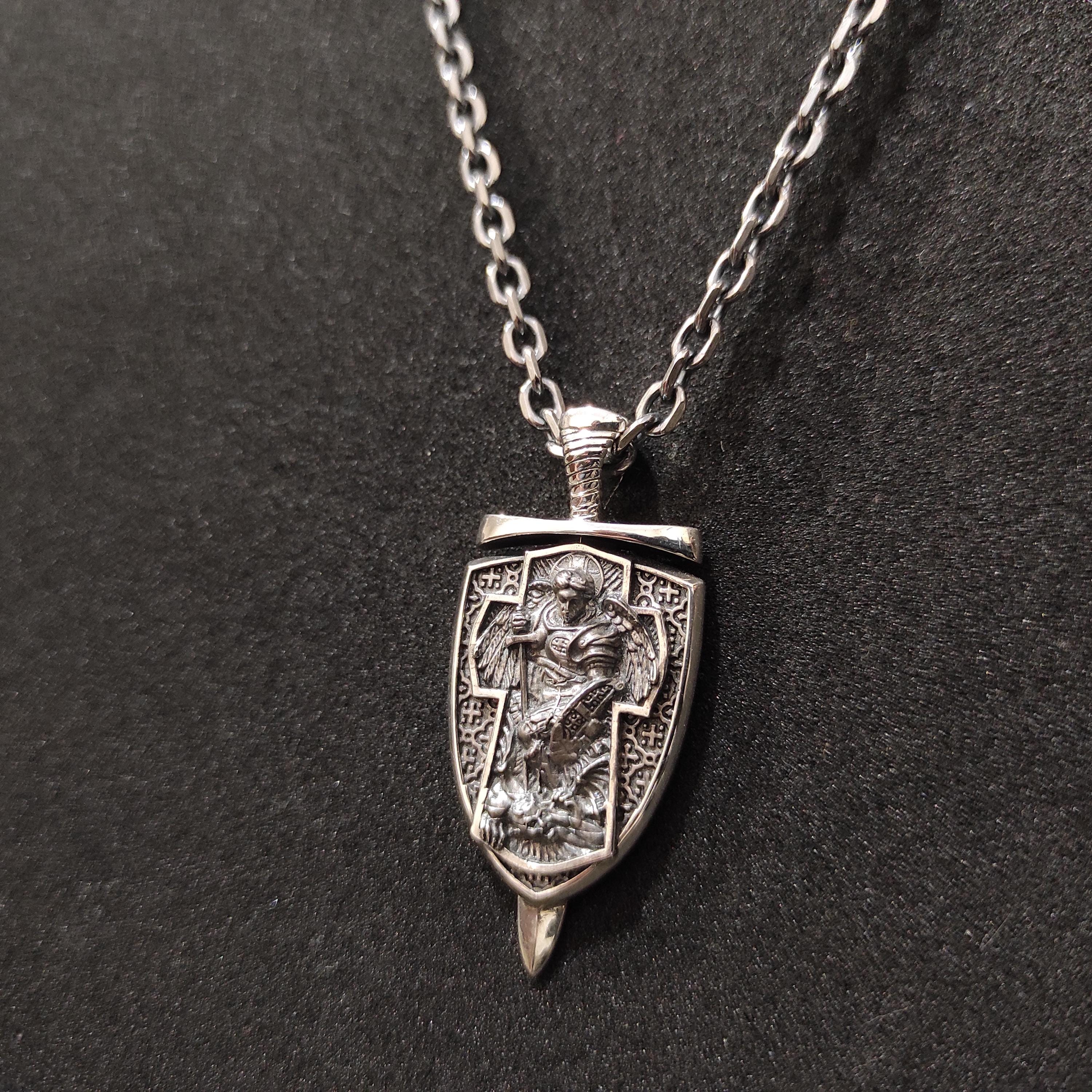 Sterling Silver Archangel Michael Shield Pendant Necklace: Religious Gift