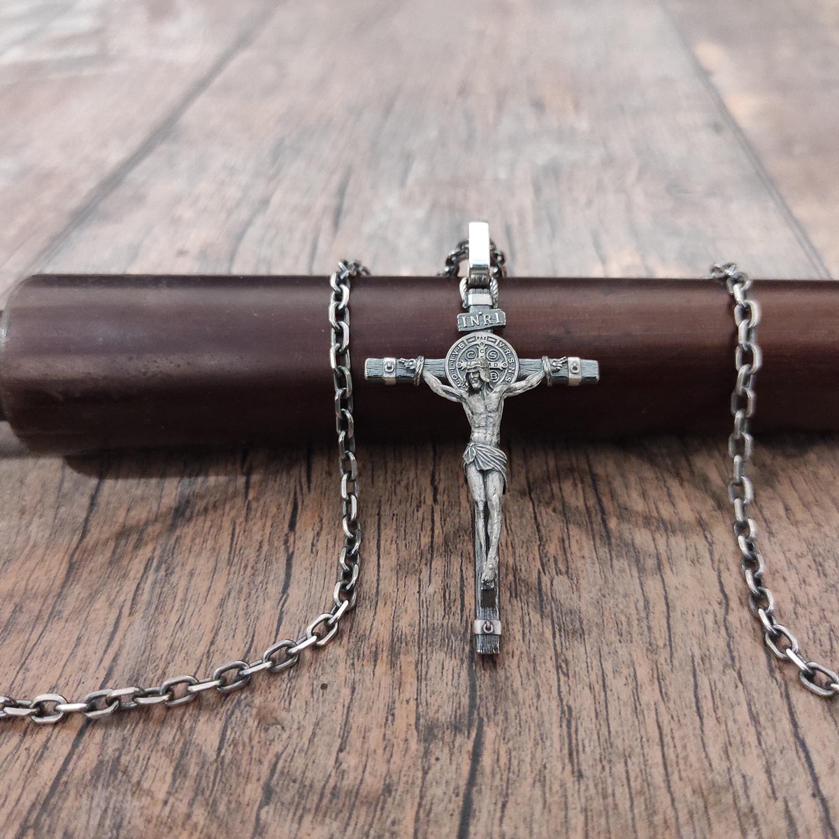 Personalized Saint Benedict Crucifix Necklace: Sterling Silver Exorcism Cross Pendant