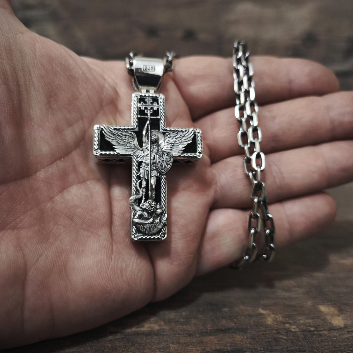 Personalized Saint Benedict Crucifix Necklace Archangel Saint Michael : Sterling Silver & Ebony Wood