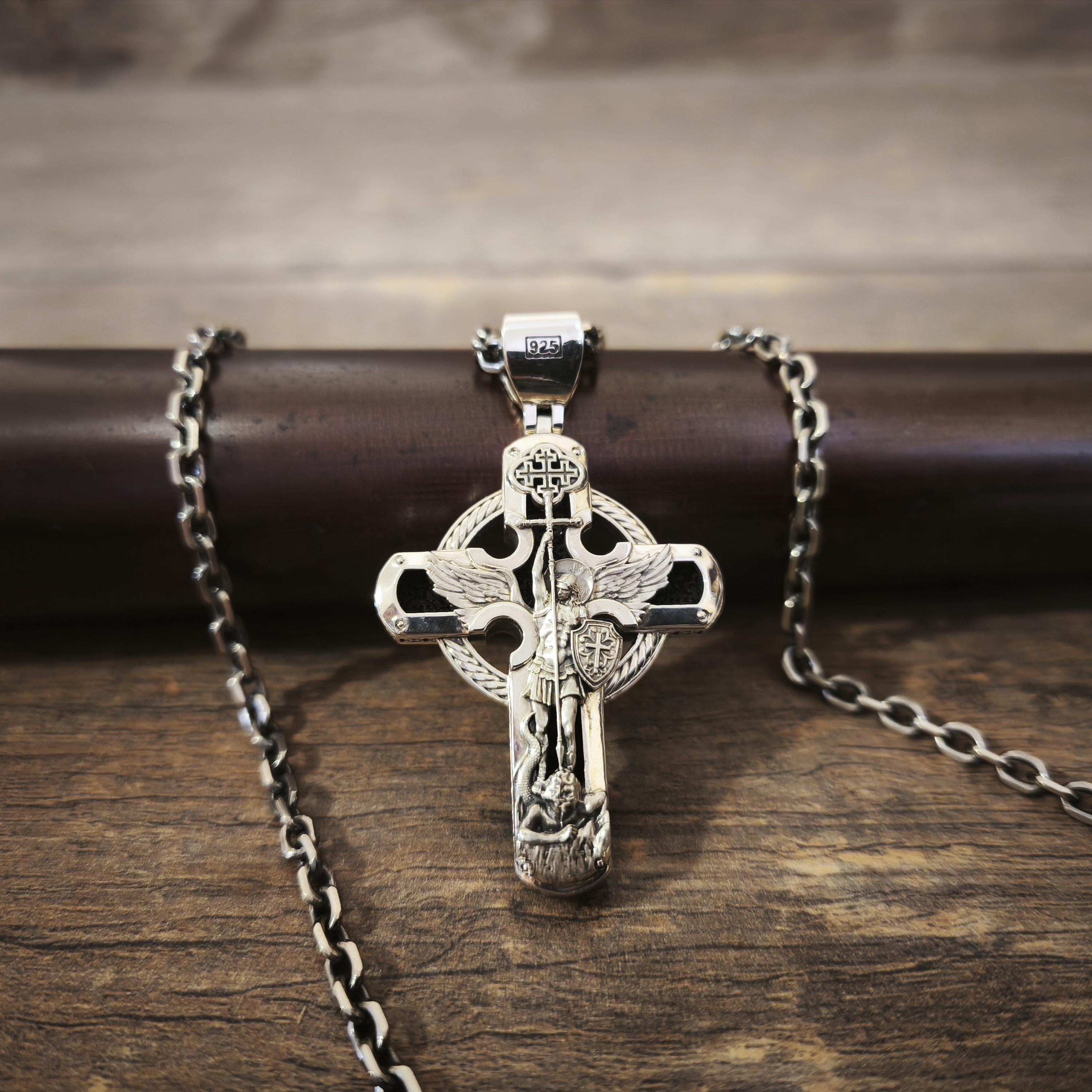 Sterling Silver Orthodox Cross Necklace - Archangel Michael, Ebony Wood