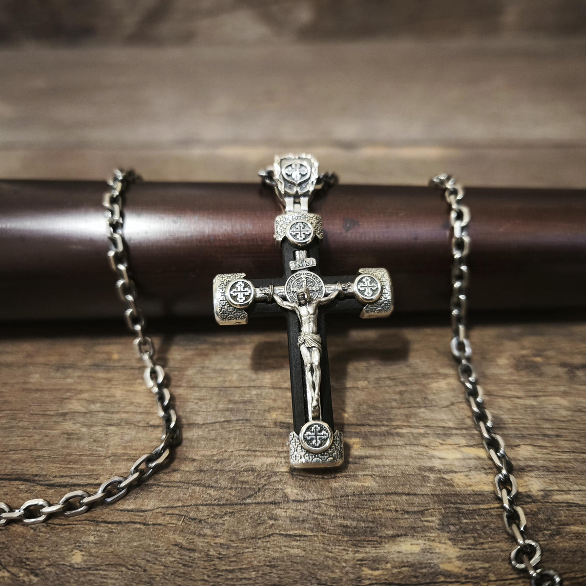 Sterling Silver Crucifix  Necklace & Ebony Wood - Religious Pendant