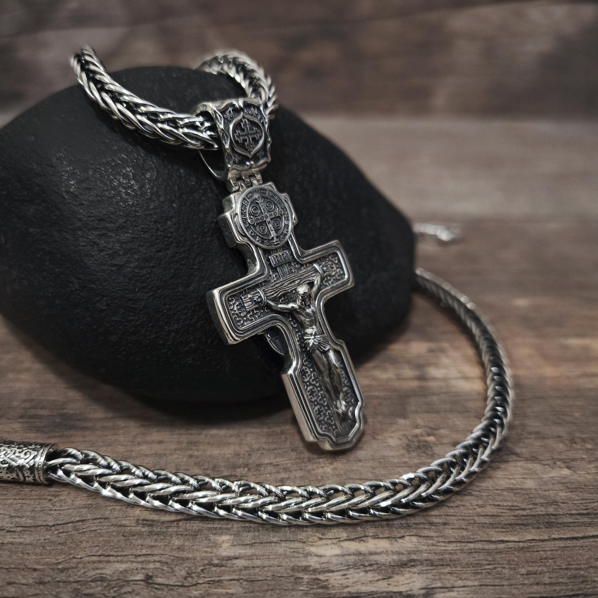 Personalized Saint Benedict Crucifix Necklace Archangel Saint Michael: Sterling Silver