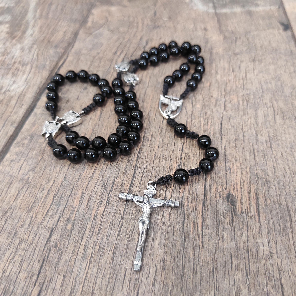 Handmade Sterling Silver St. Michael Rosary with Black Agate Beads