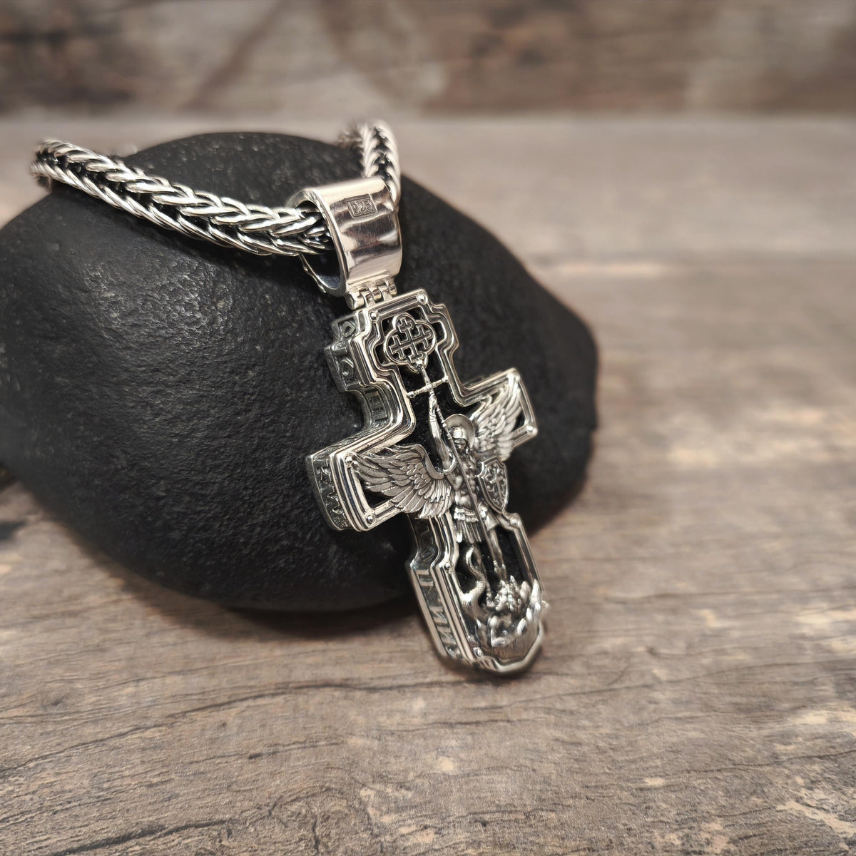 Sterling Silver Orthodox Cross Necklace - Archangel Michael, Ebony Wood