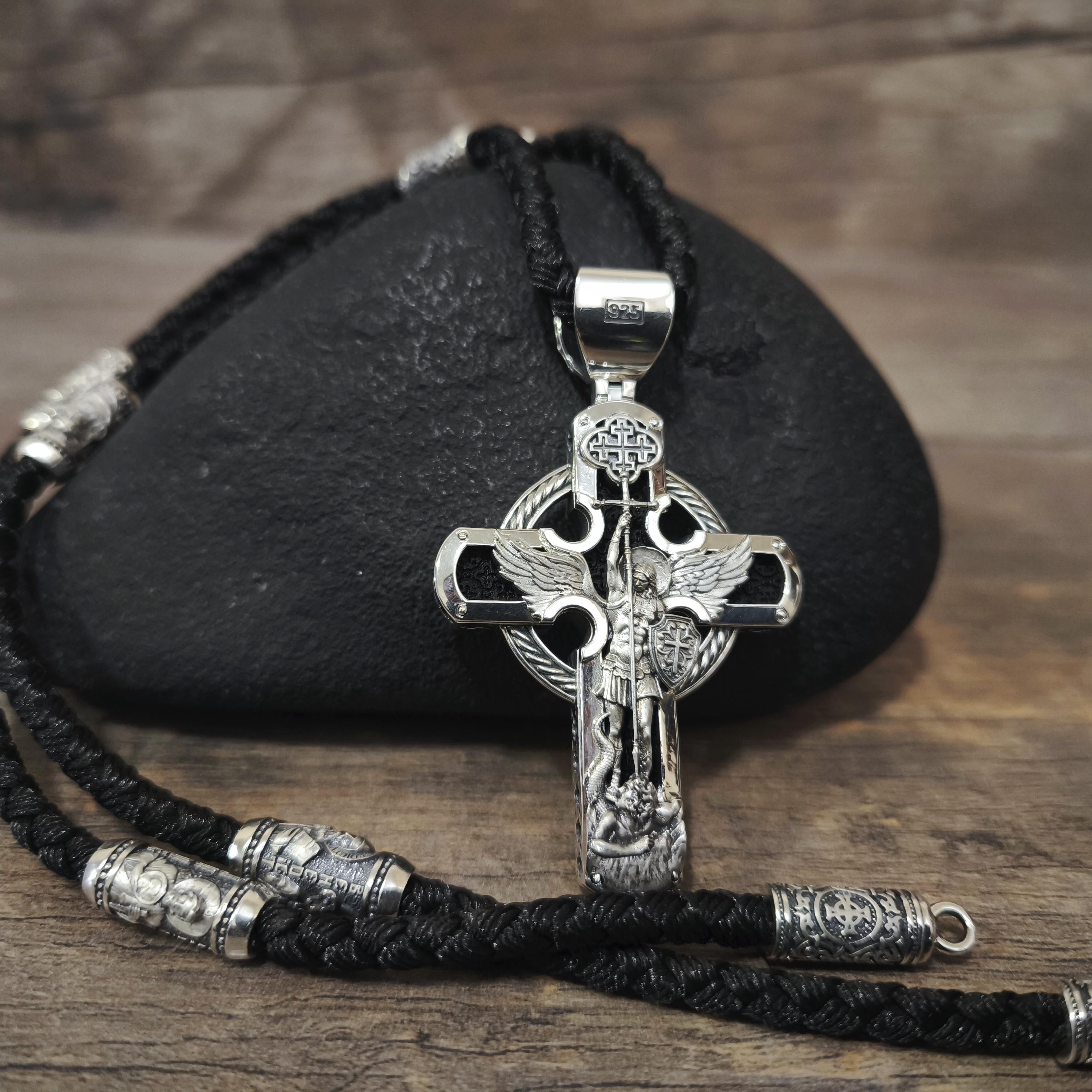 Personalized Jesus Cross Saint Benedict Crucifix Necklace Archangel Saint Michael : Sterling Silver & Ebony Wood