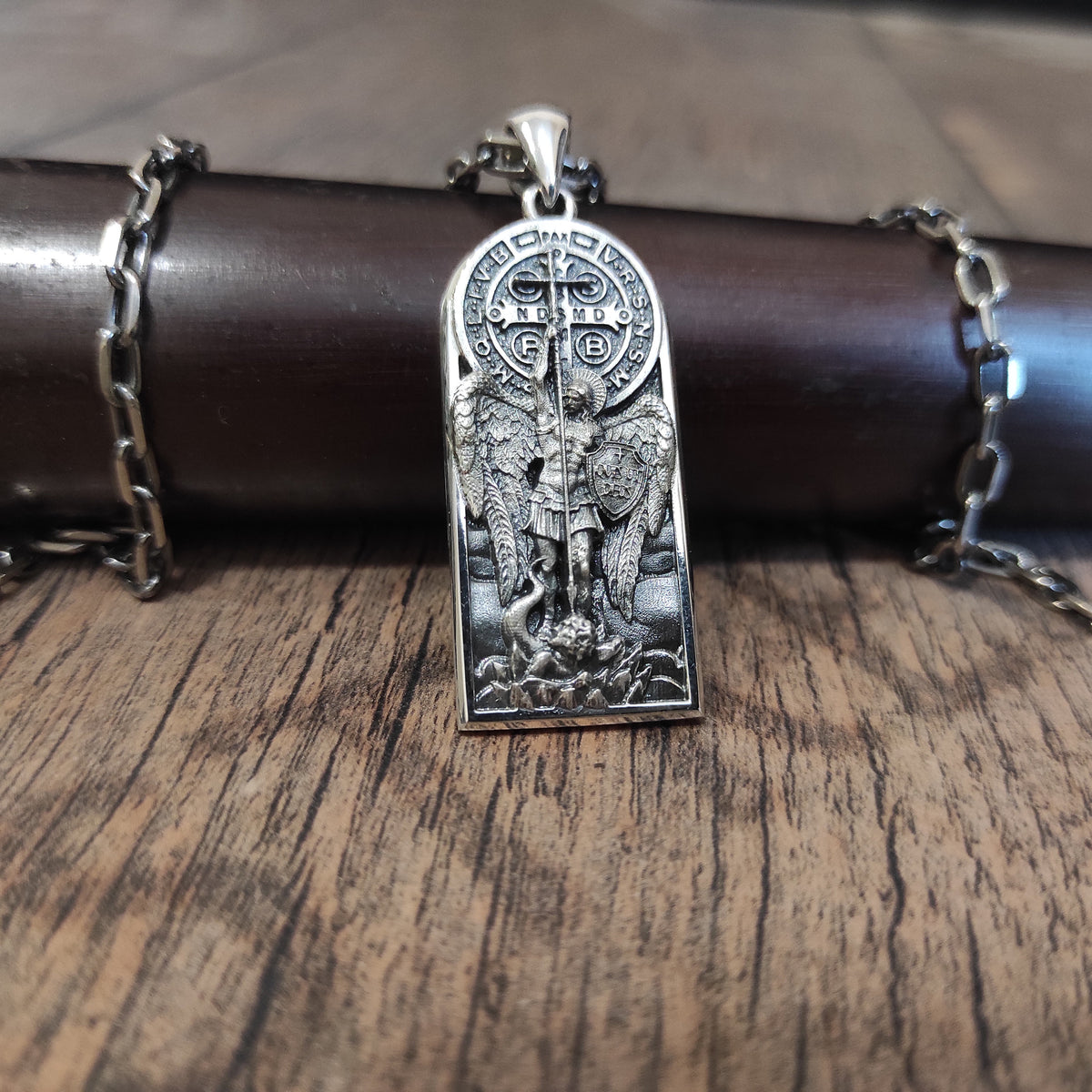 Sterling Silver Archangel Saint Michael Necklace: Handmade St. Benedict Exorcism Cross