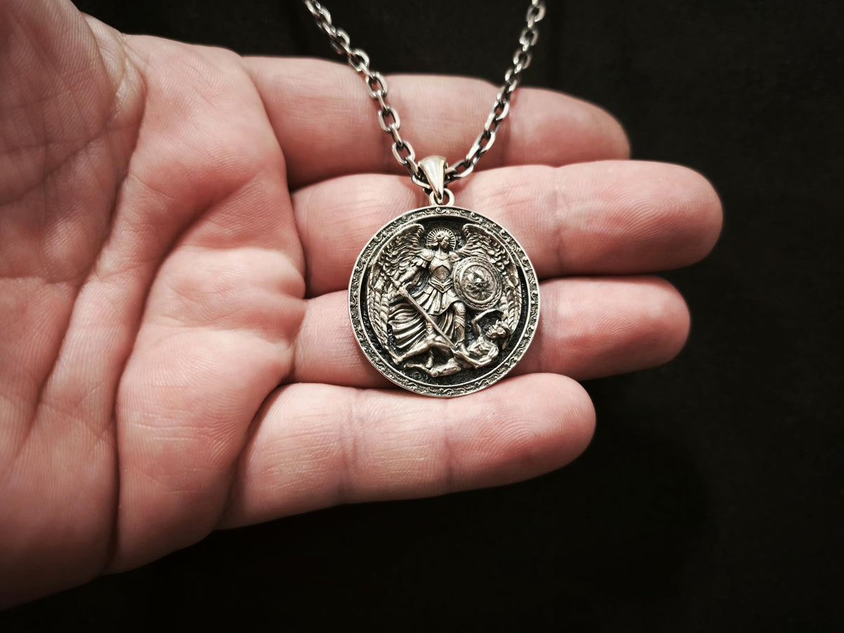 Personalized Sterling Silver Archangel Michael Shield Necklace - Religious Gift