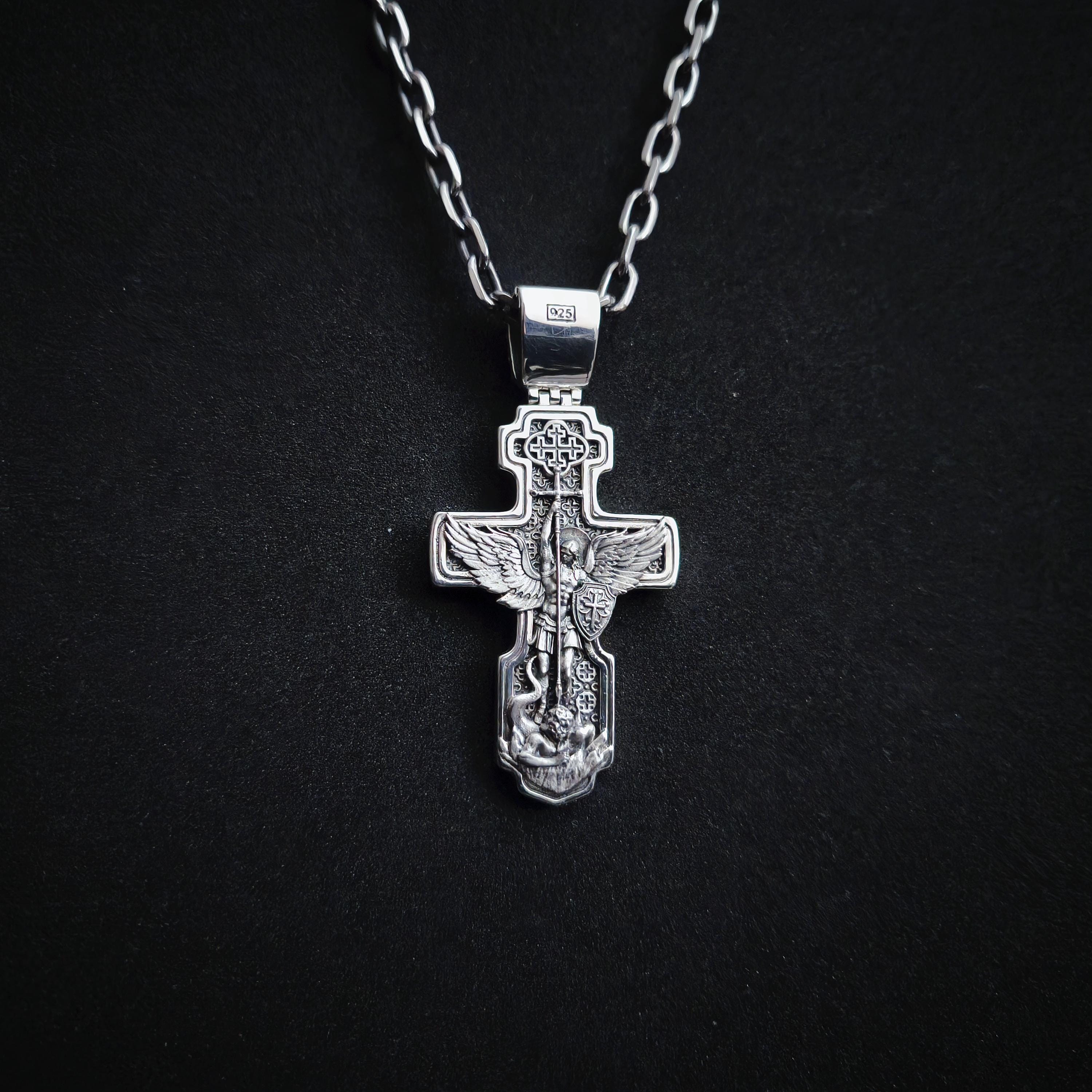Sterling Silver Orthodox Crucifix Necklace Archangel Saint Michael - Religious Pendant