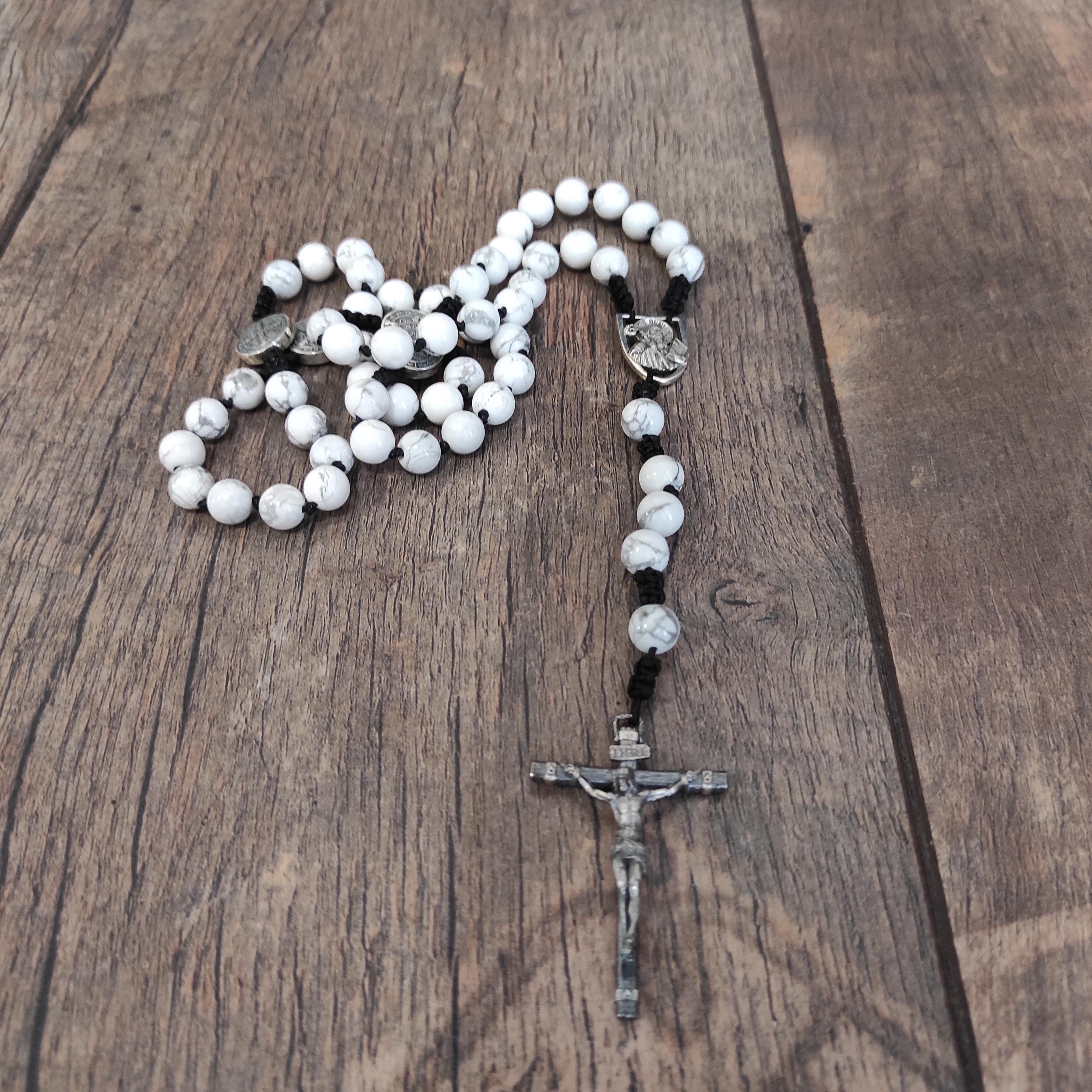 Sterling Silver Saint Benedict Rosary: White Howlite Beads, Catholic Exorcism Pendant