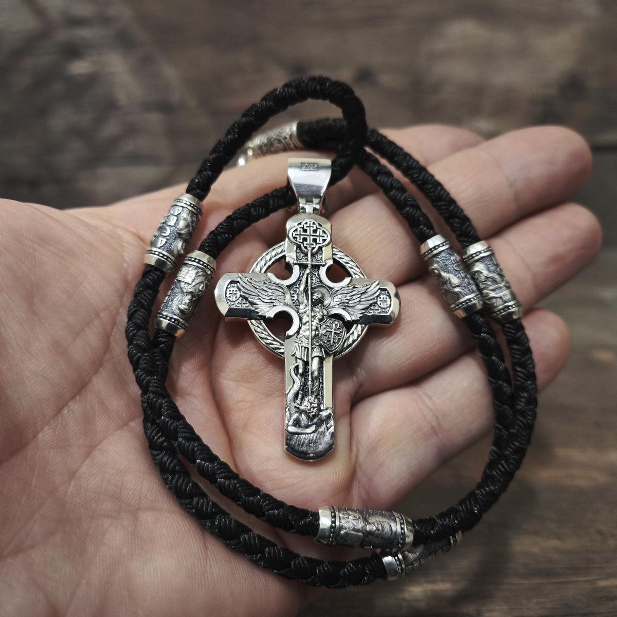 Sterling Silver Orthodox Crucifix Jesus Cross Necklace Archangel Saint Michael : Religious Pendant