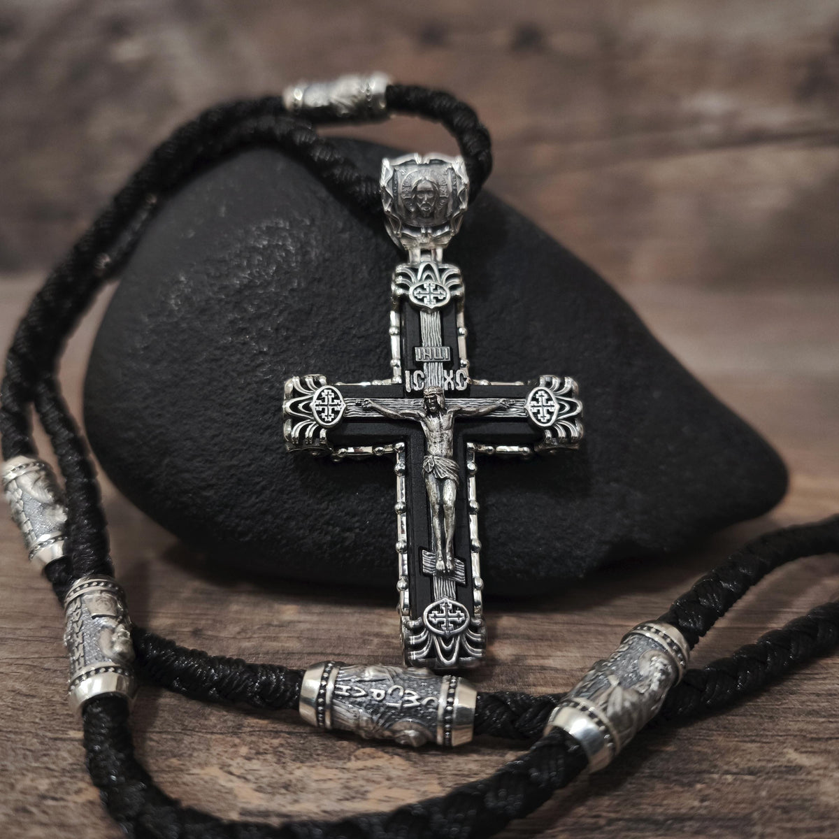 Sterling Silver Orthodox Crucifix Necklace & Ebony Wood - Religious Pendant