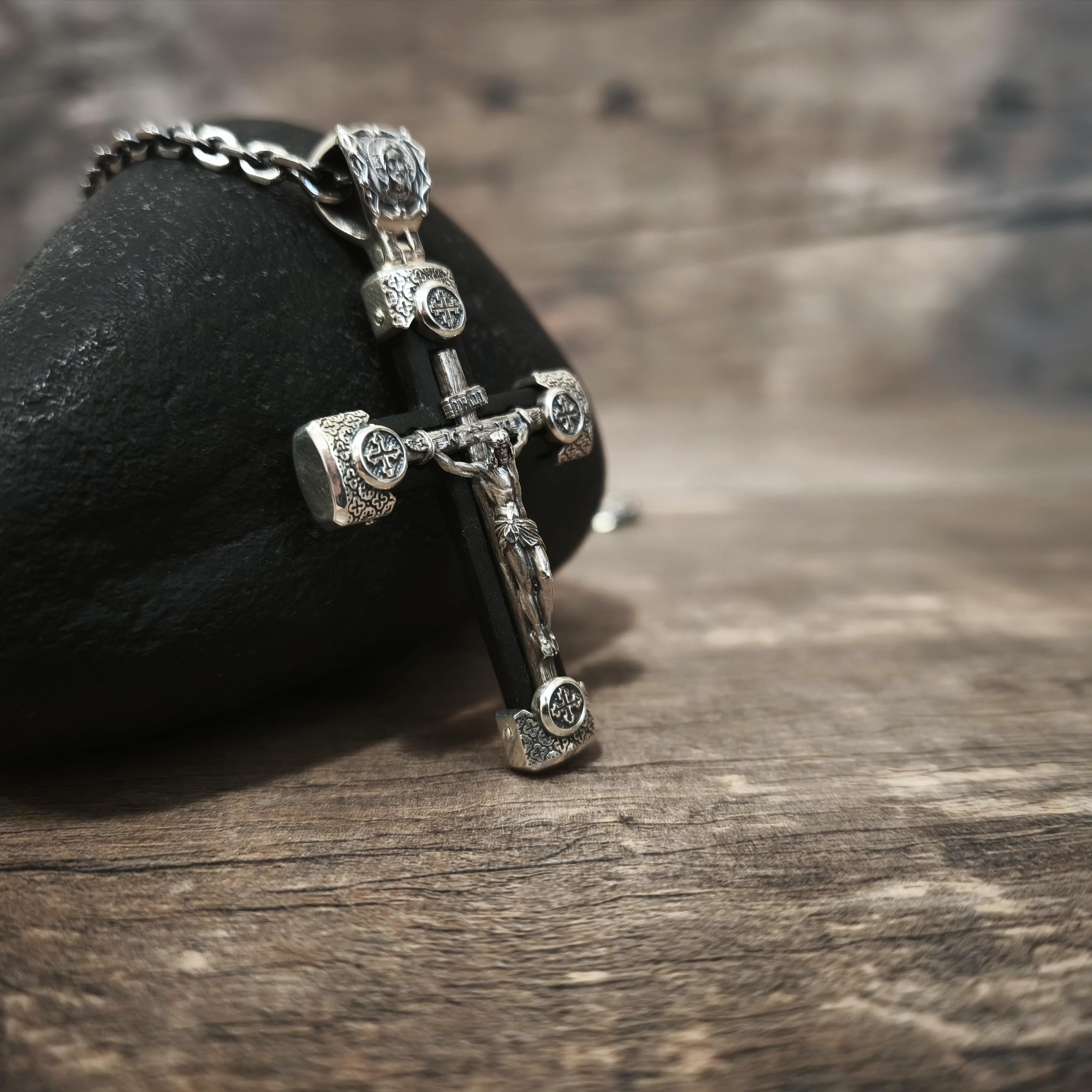 Sterling Silver Orthodox Crucifix Necklace & Ebony Wood - Religious Pendant