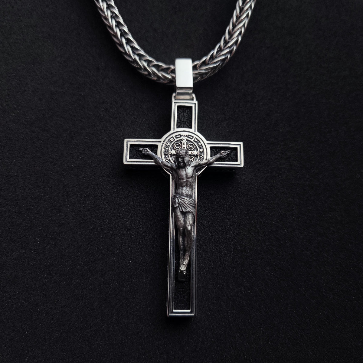 Personalized Saint Benedict Crucifix Necklace: Sterling Silver & Ebony Wood